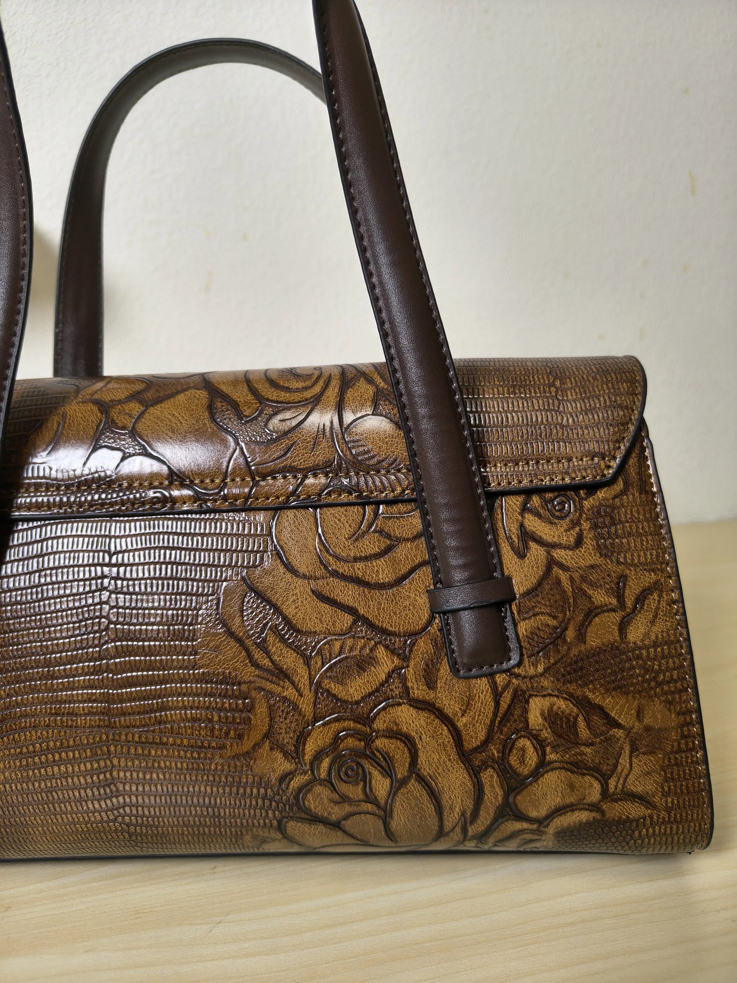 Caramel Lizard Embossed Rose Floral Boston Bag (E78)