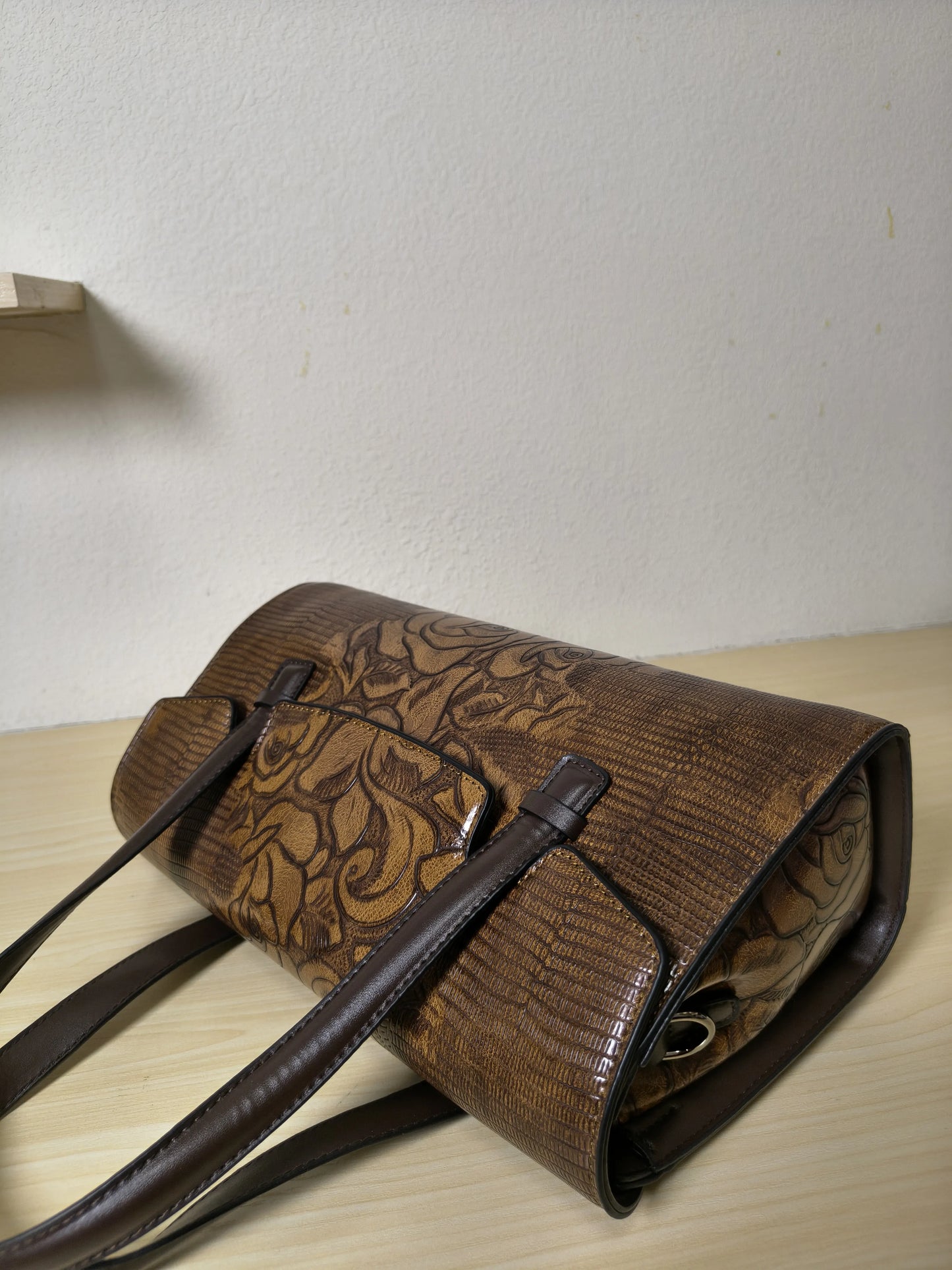 Caramel Lizard Embossed Rose Floral Boston Bag (E78)