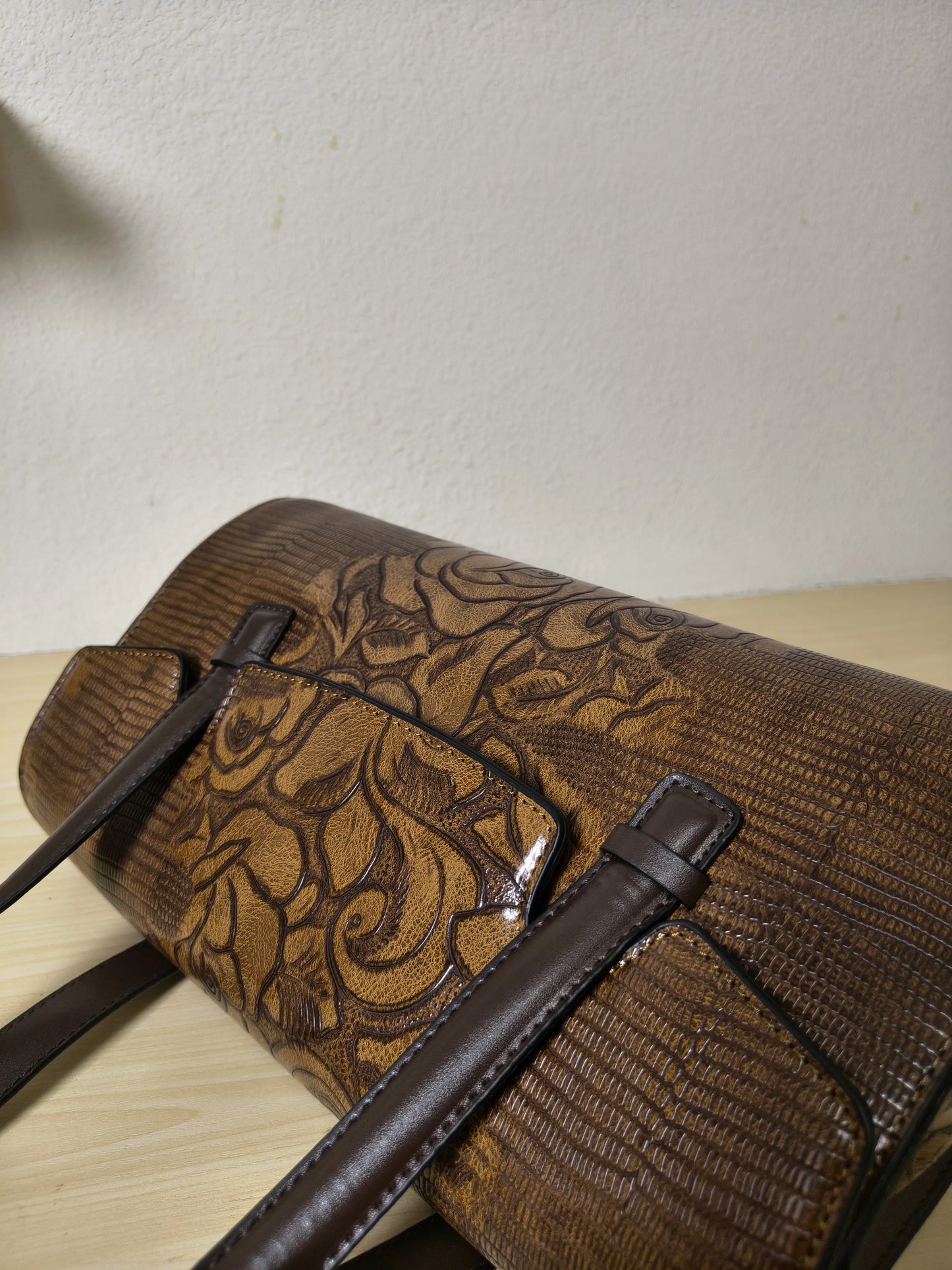 Caramel Lizard Embossed Rose Floral Boston Bag (E78)