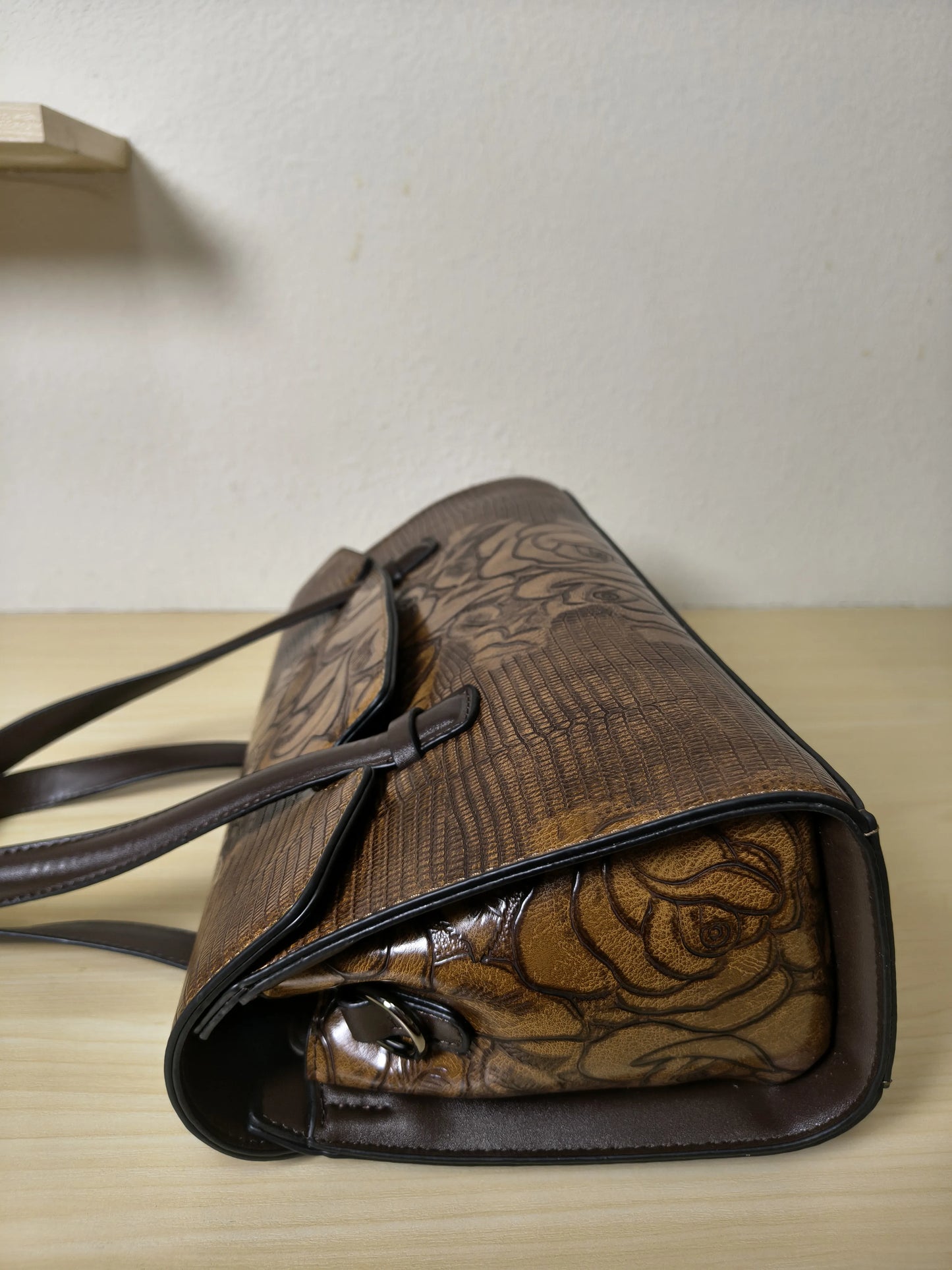 Caramel Lizard Embossed Rose Floral Boston Bag (E78)