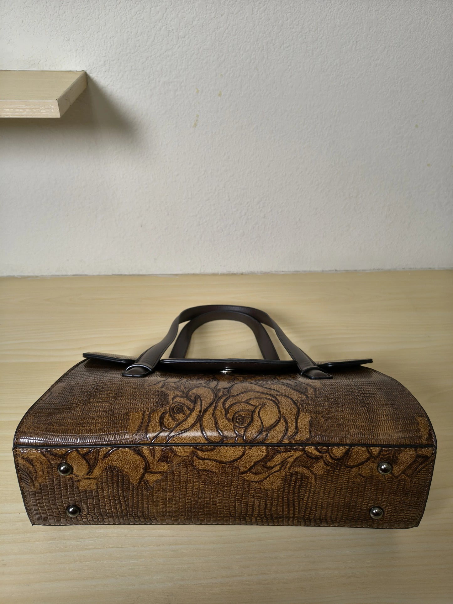 Caramel Lizard Embossed Rose Floral Boston Bag (E78)