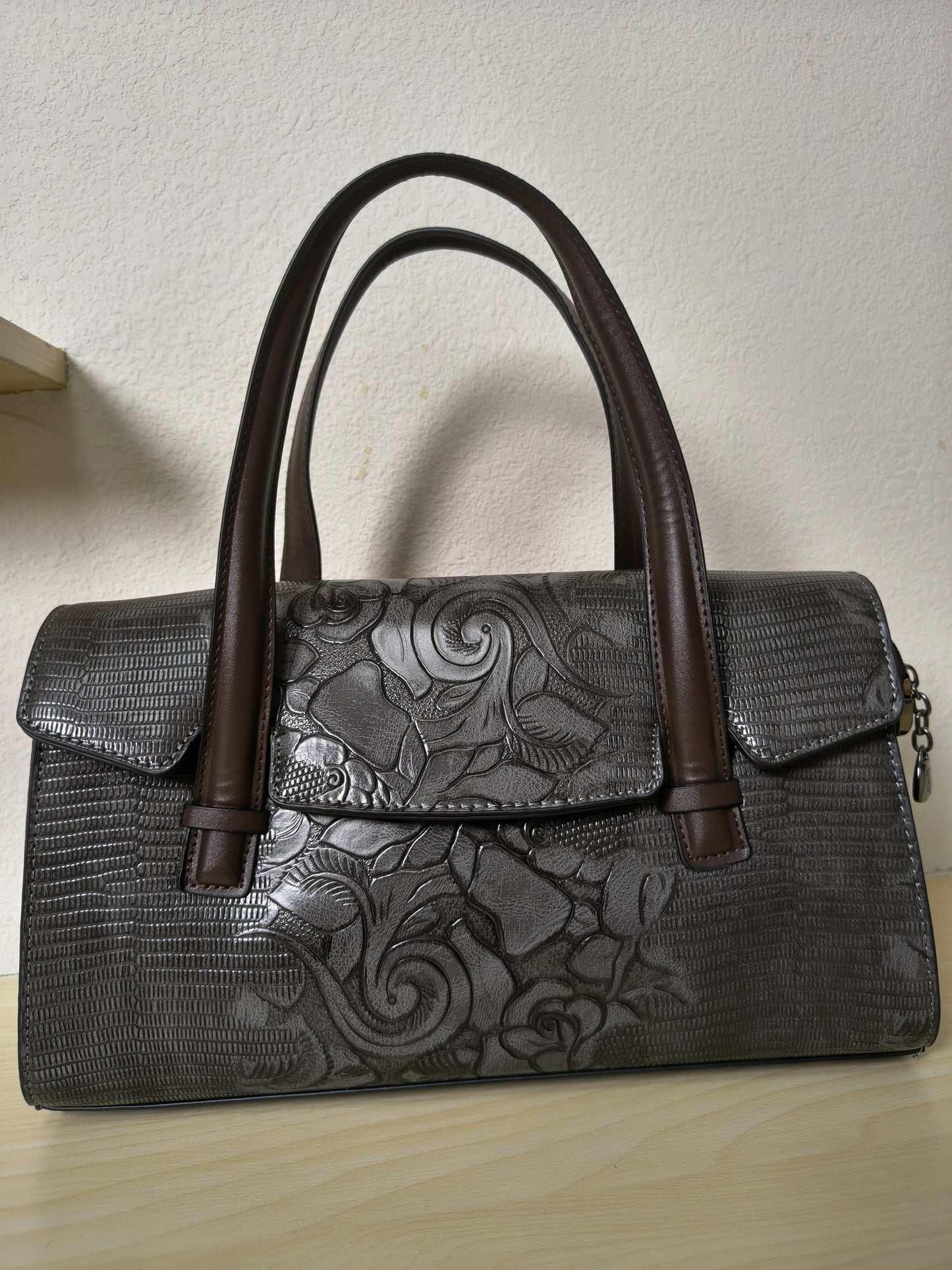 Gray Lizard Embossed Rose Floral Boston Bag (E79)