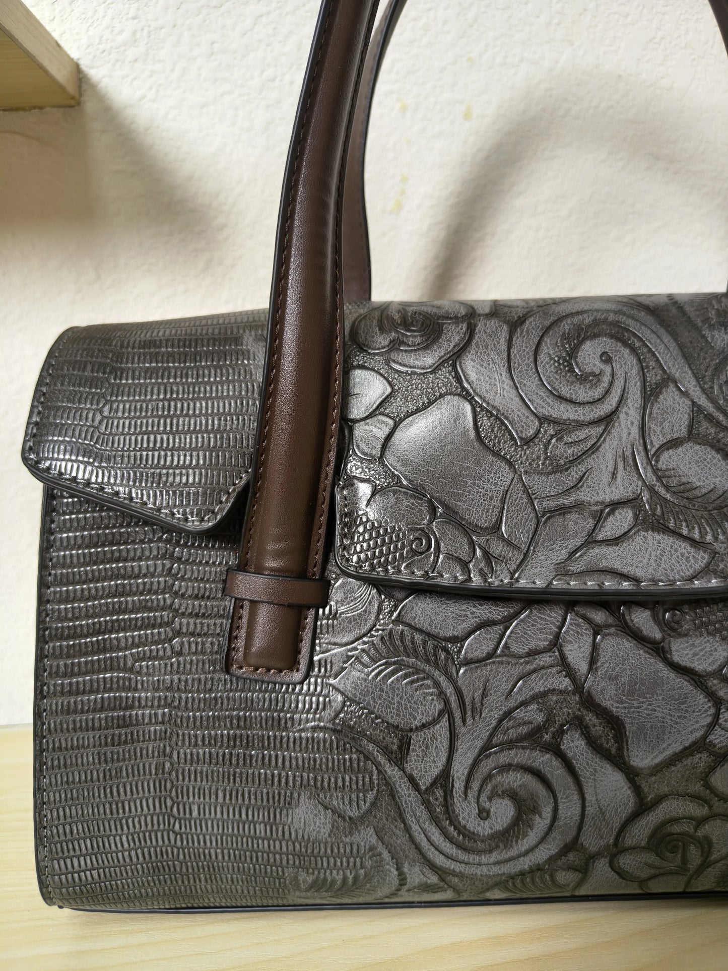 Gray Lizard Embossed Rose Floral Boston Bag (E79)