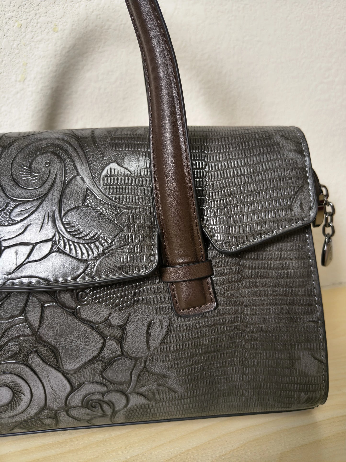 Gray Lizard Embossed Rose Floral Boston Bag (E79)