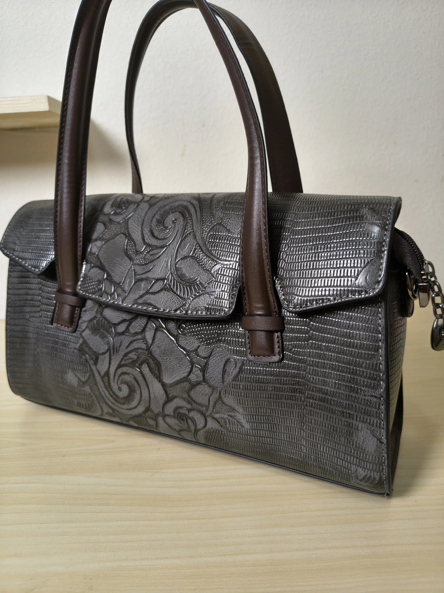 Gray Lizard Embossed Rose Floral Boston Bag (E79)