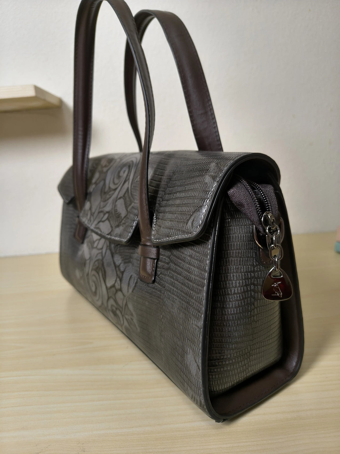 Gray Lizard Embossed Rose Floral Boston Bag (E79)