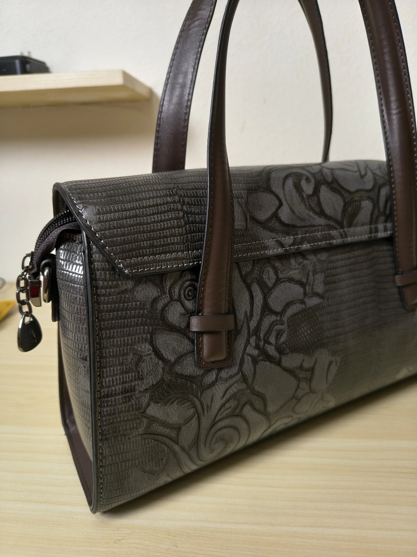 Gray Lizard Embossed Rose Floral Boston Bag (E79)