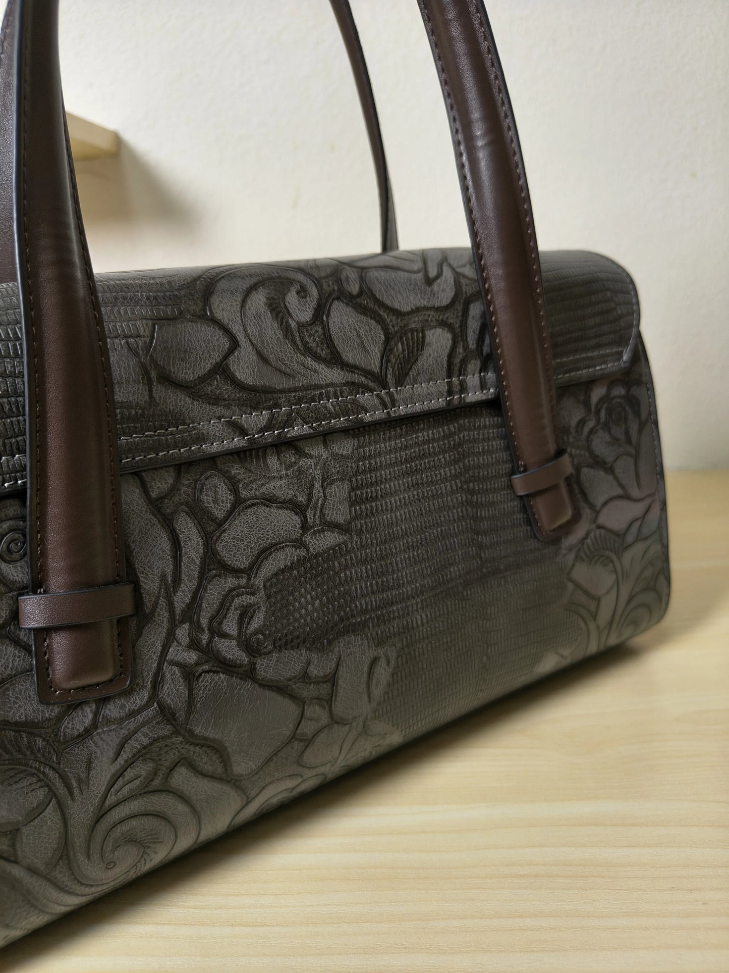 Gray Lizard Embossed Rose Floral Boston Bag (E79)