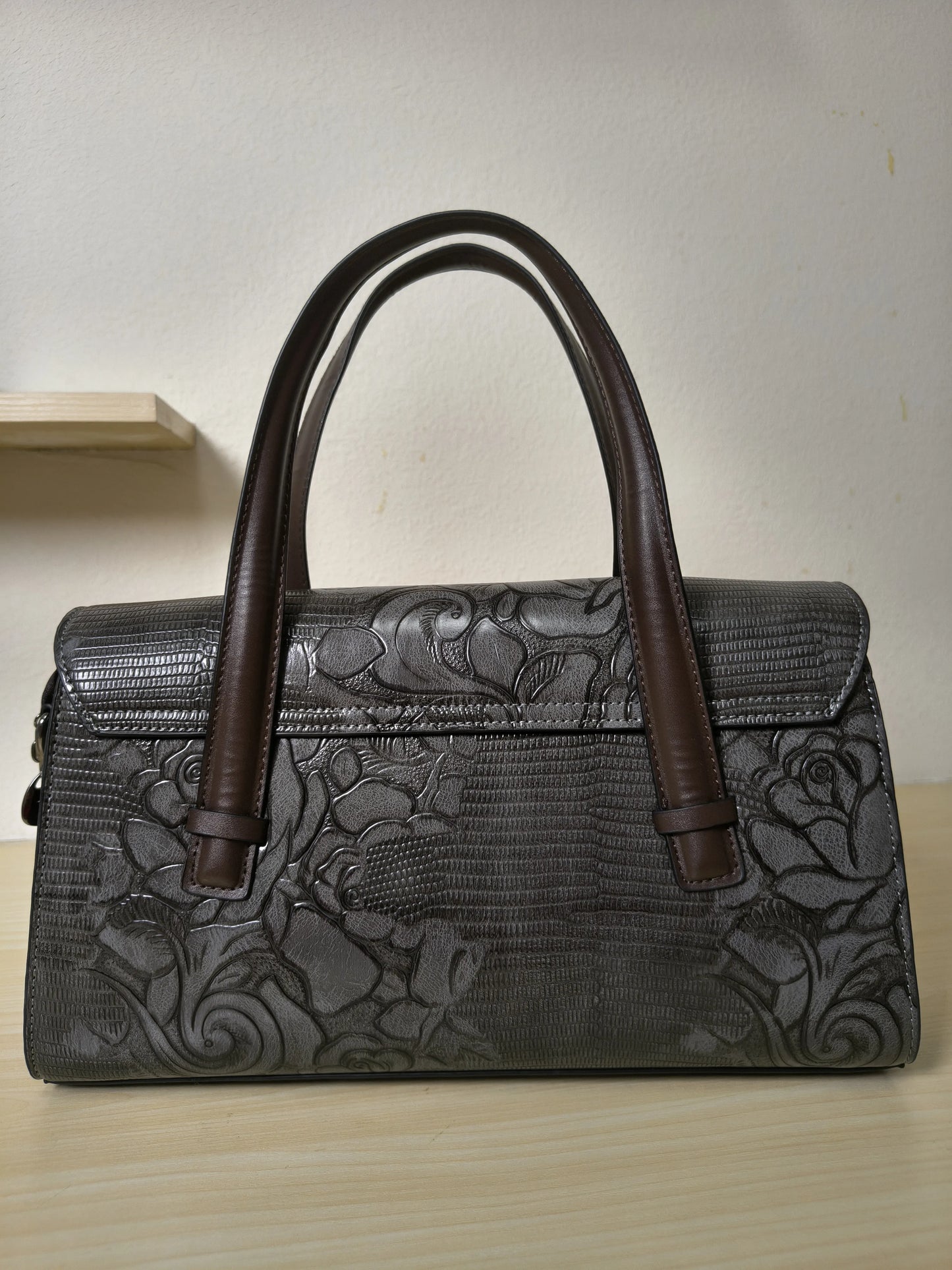 Gray Lizard Embossed Rose Floral Boston Bag (E79)