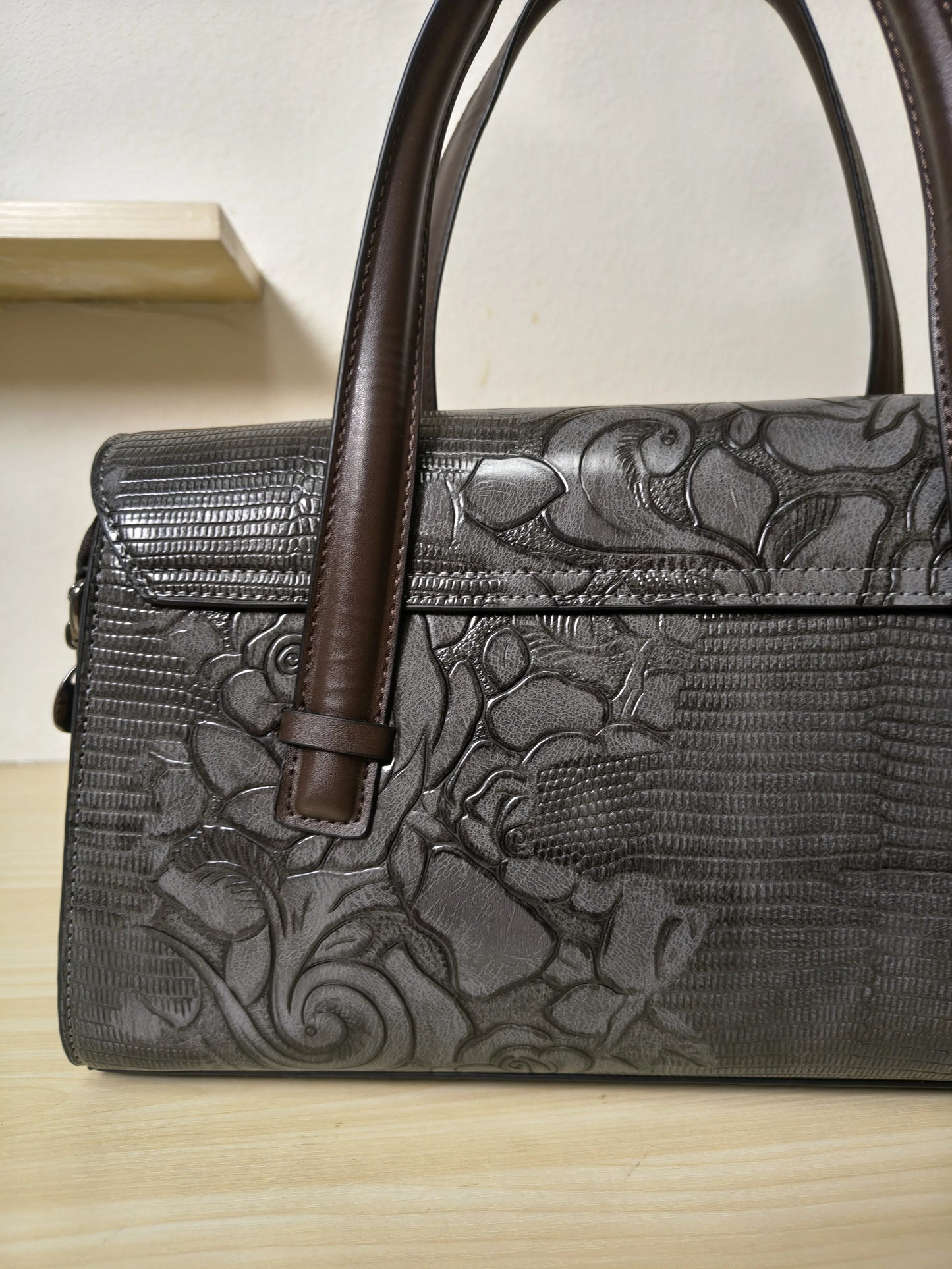 Gray Lizard Embossed Rose Floral Boston Bag (E79)