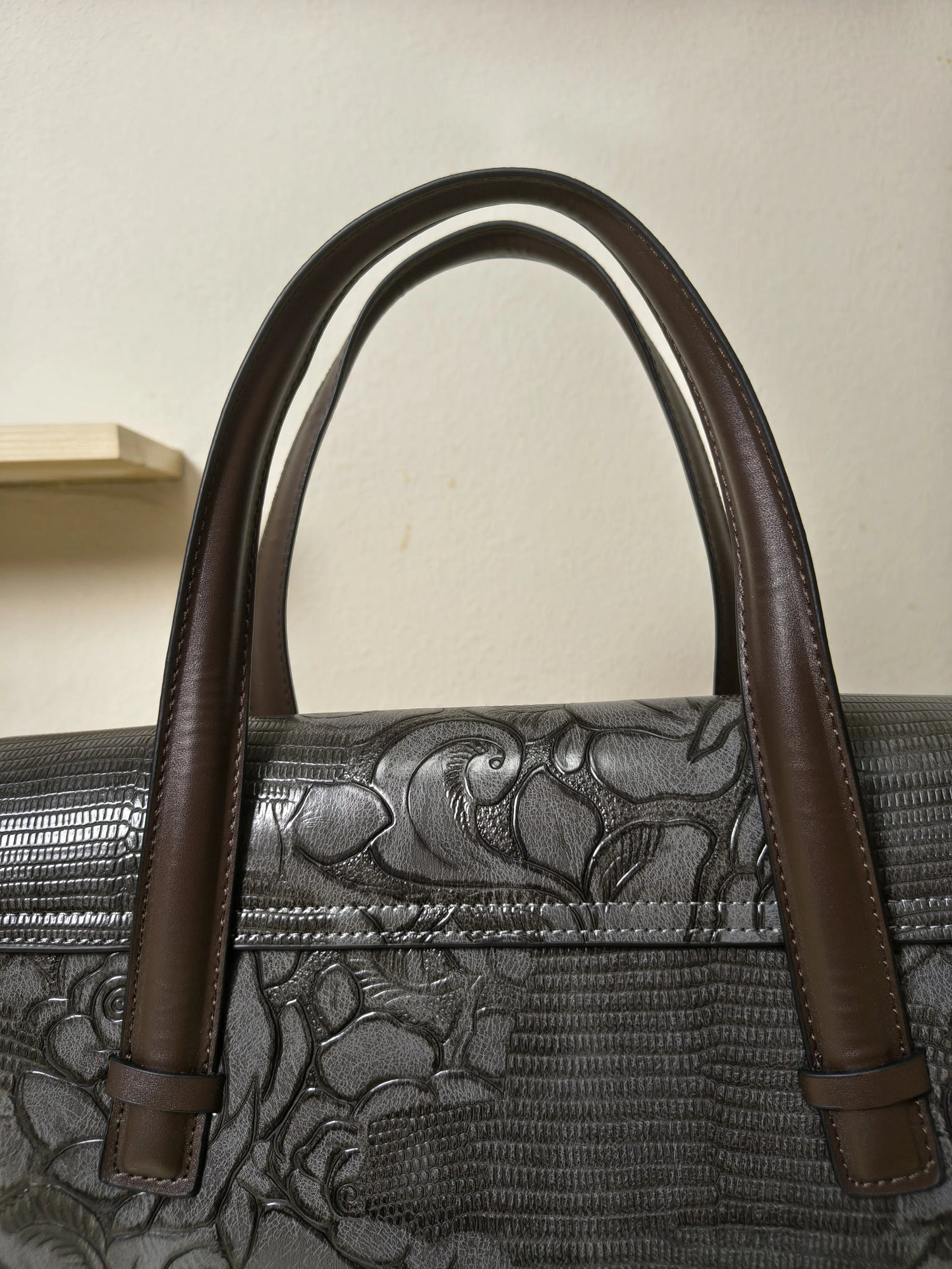 Gray Lizard Embossed Rose Floral Boston Bag (E79)