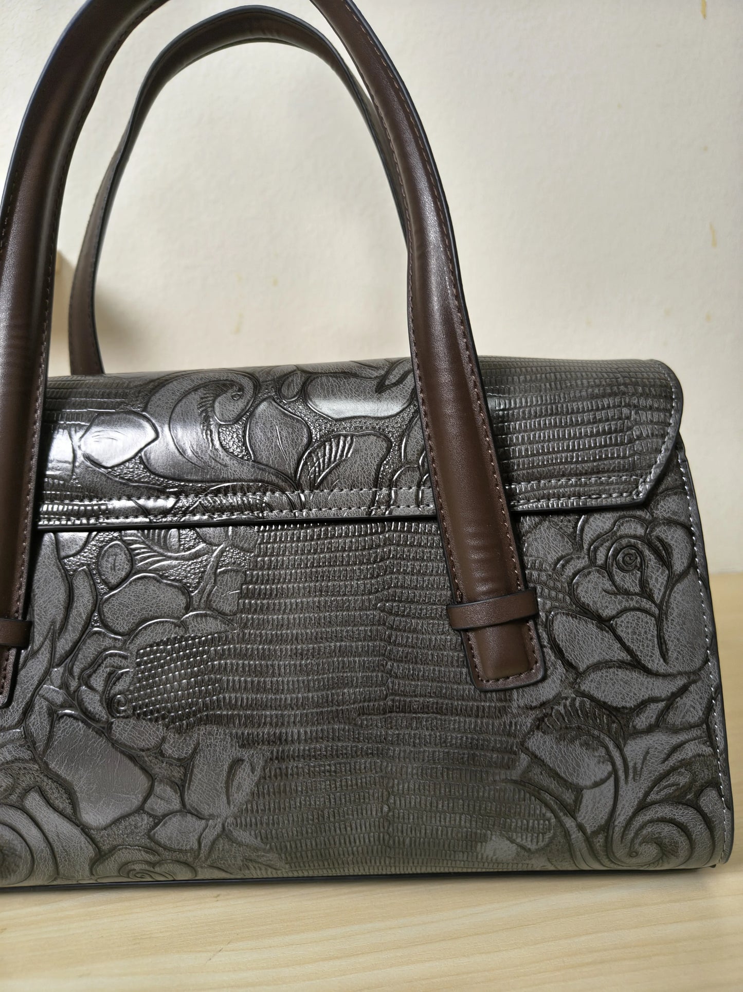 Gray Lizard Embossed Rose Floral Boston Bag (E79)