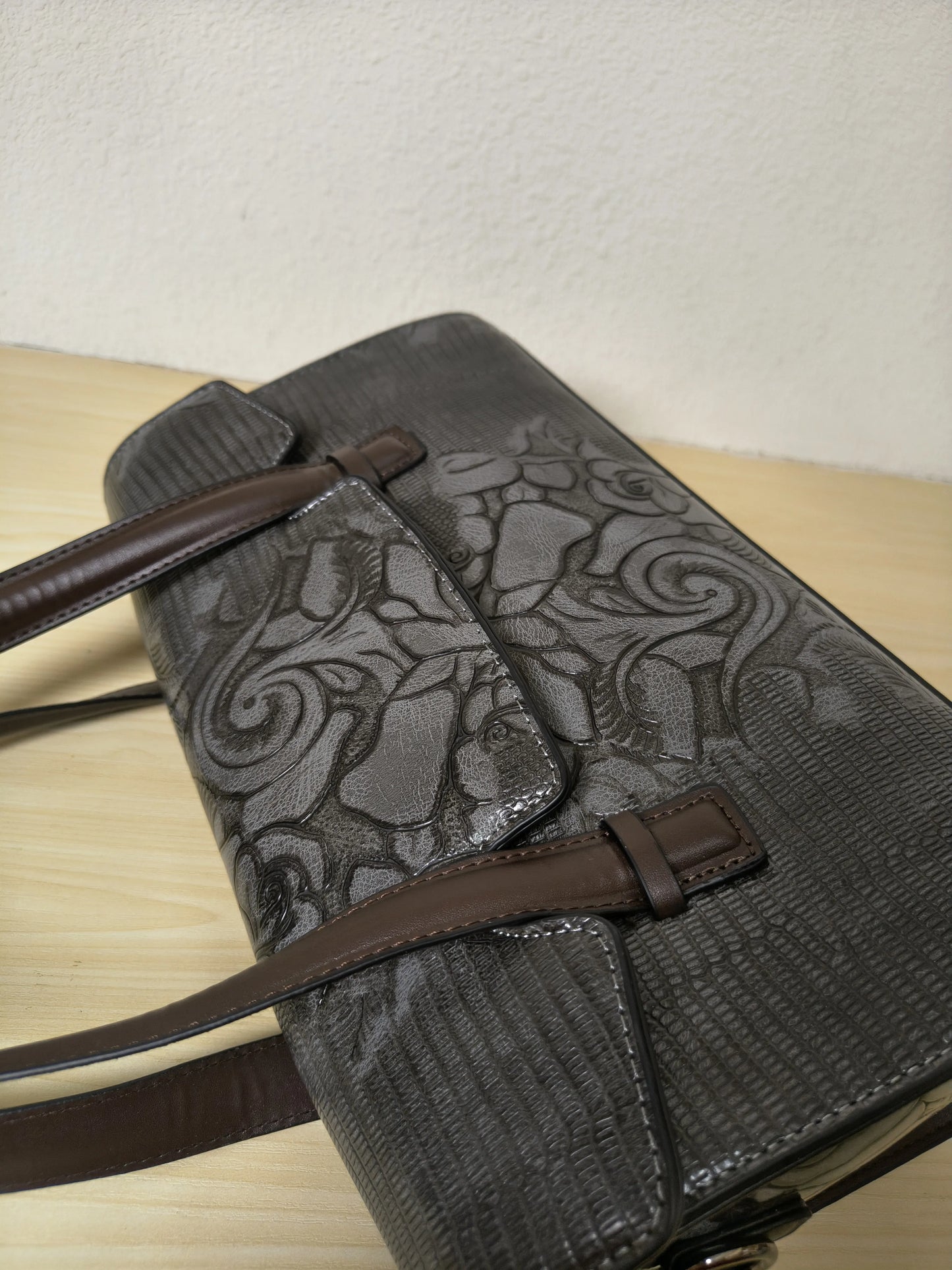 Gray Lizard Embossed Rose Floral Boston Bag (E79)