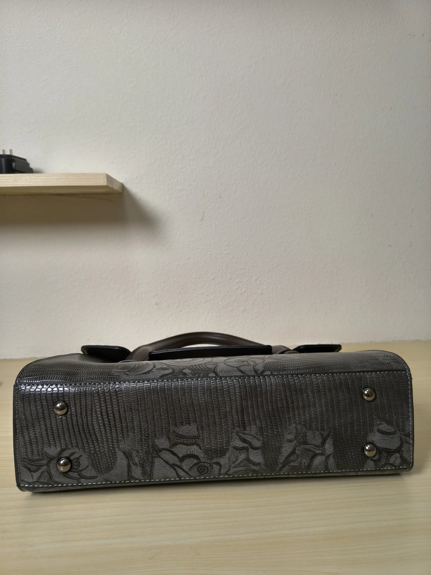 Gray Lizard Embossed Rose Floral Boston Bag (E79)
