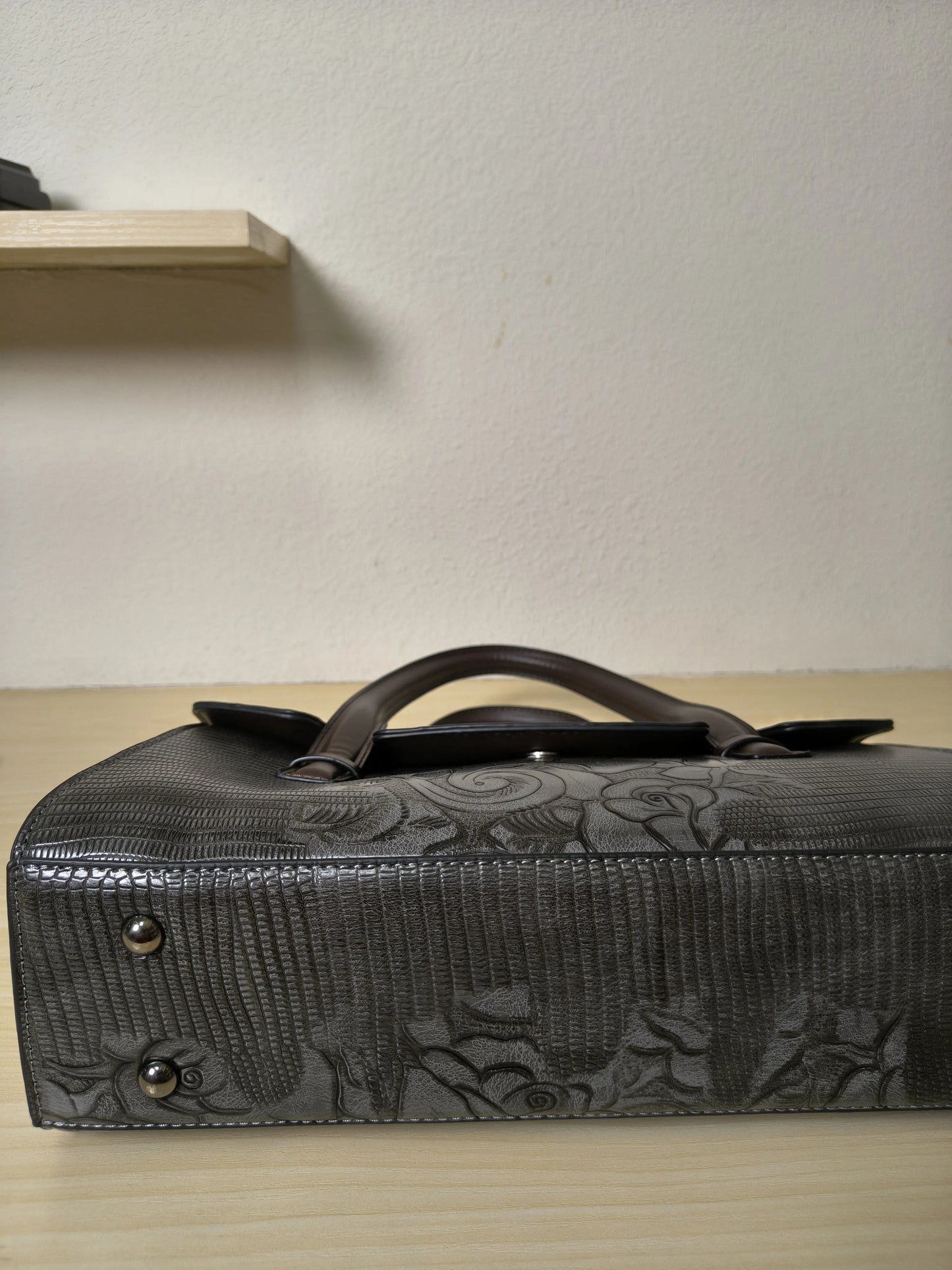 Gray Lizard Embossed Rose Floral Boston Bag (E79)