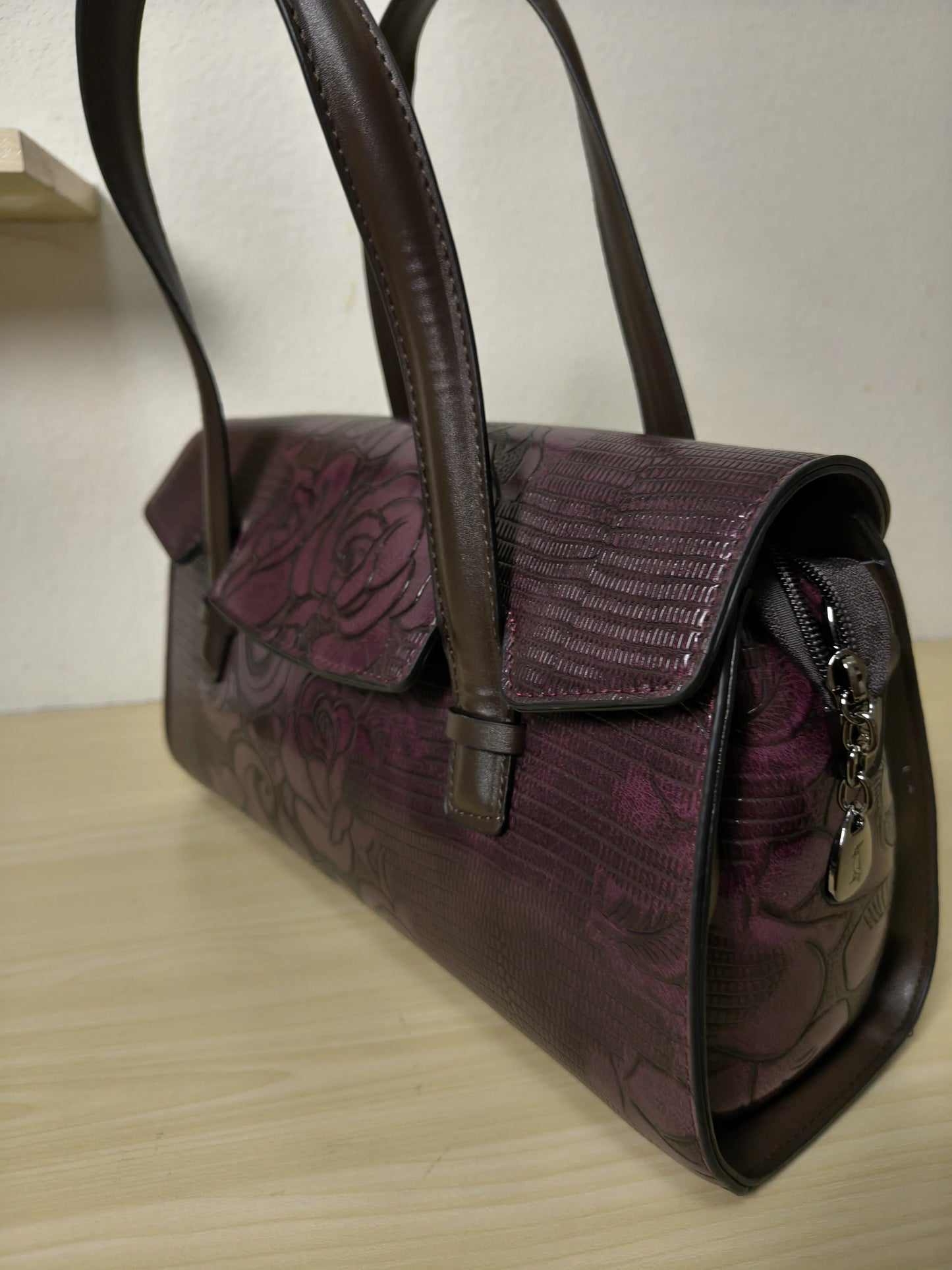 Red Lizard Embossed Rose Floral Boston Bag (E80)