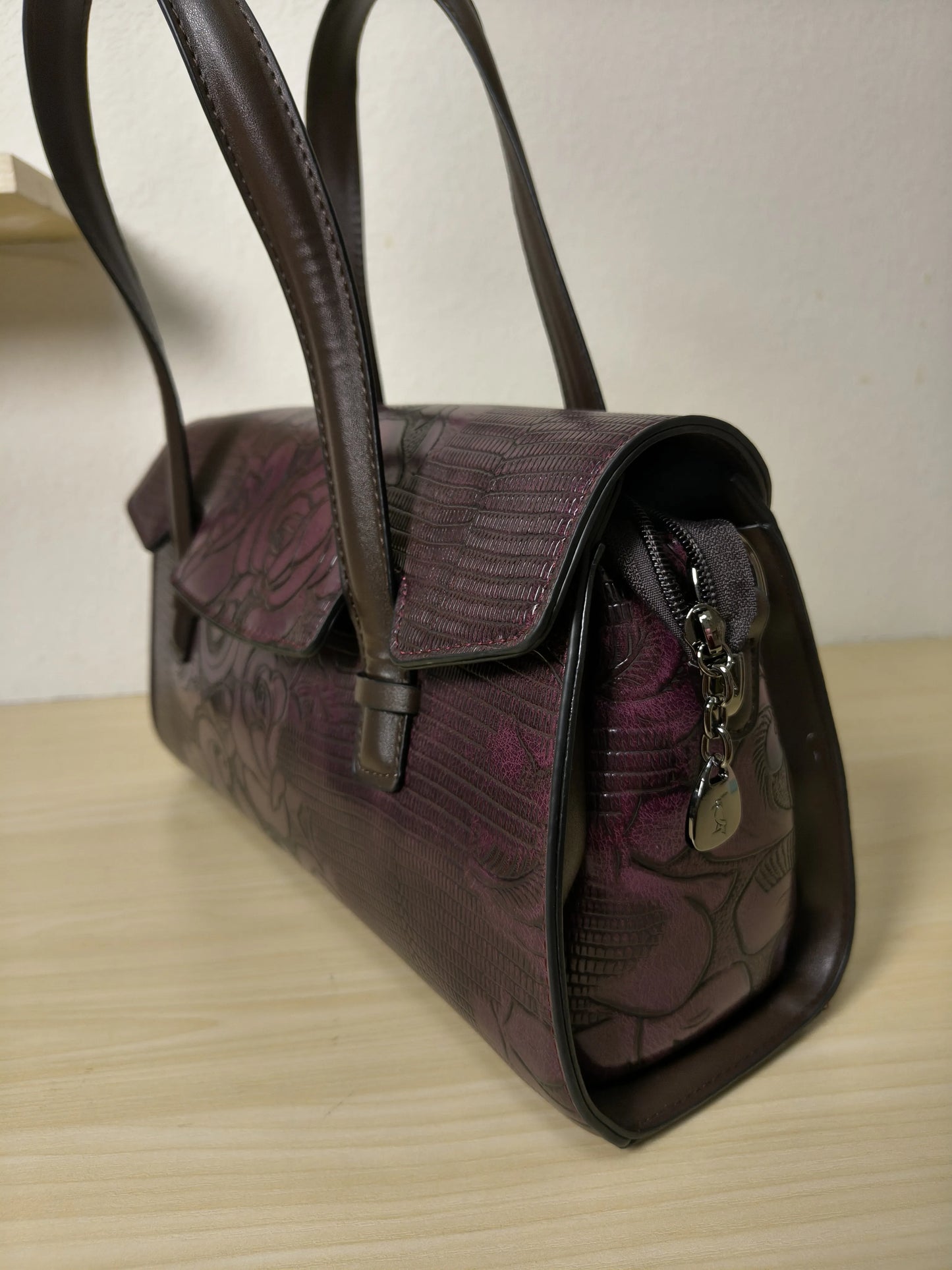 Red Lizard Embossed Rose Floral Boston Bag (E80)