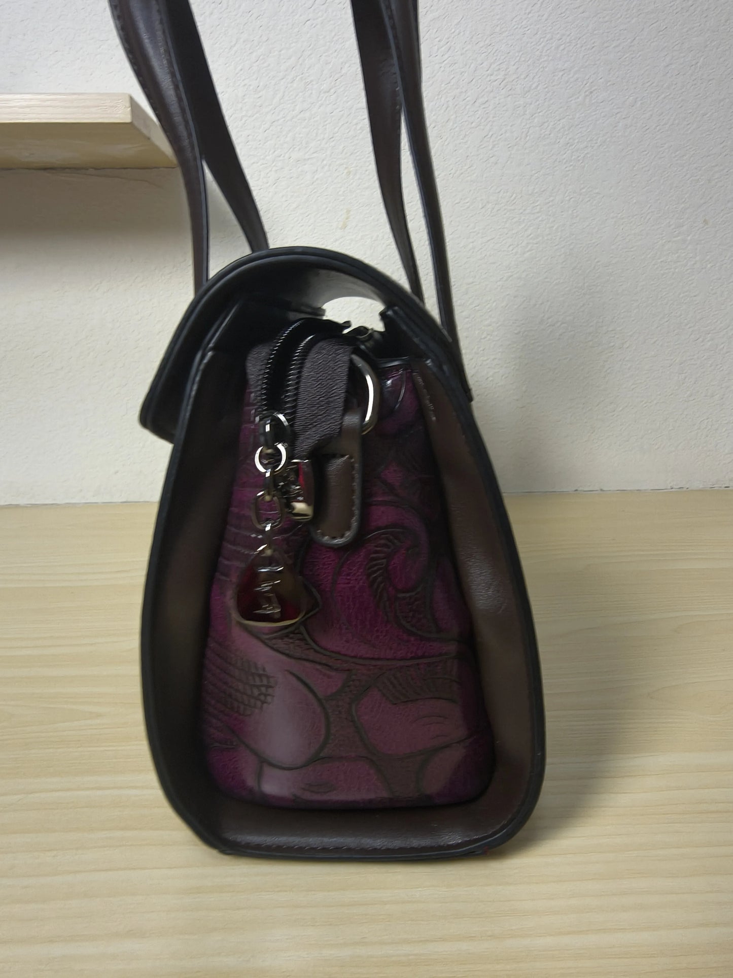 Red Lizard Embossed Rose Floral Boston Bag (E80)