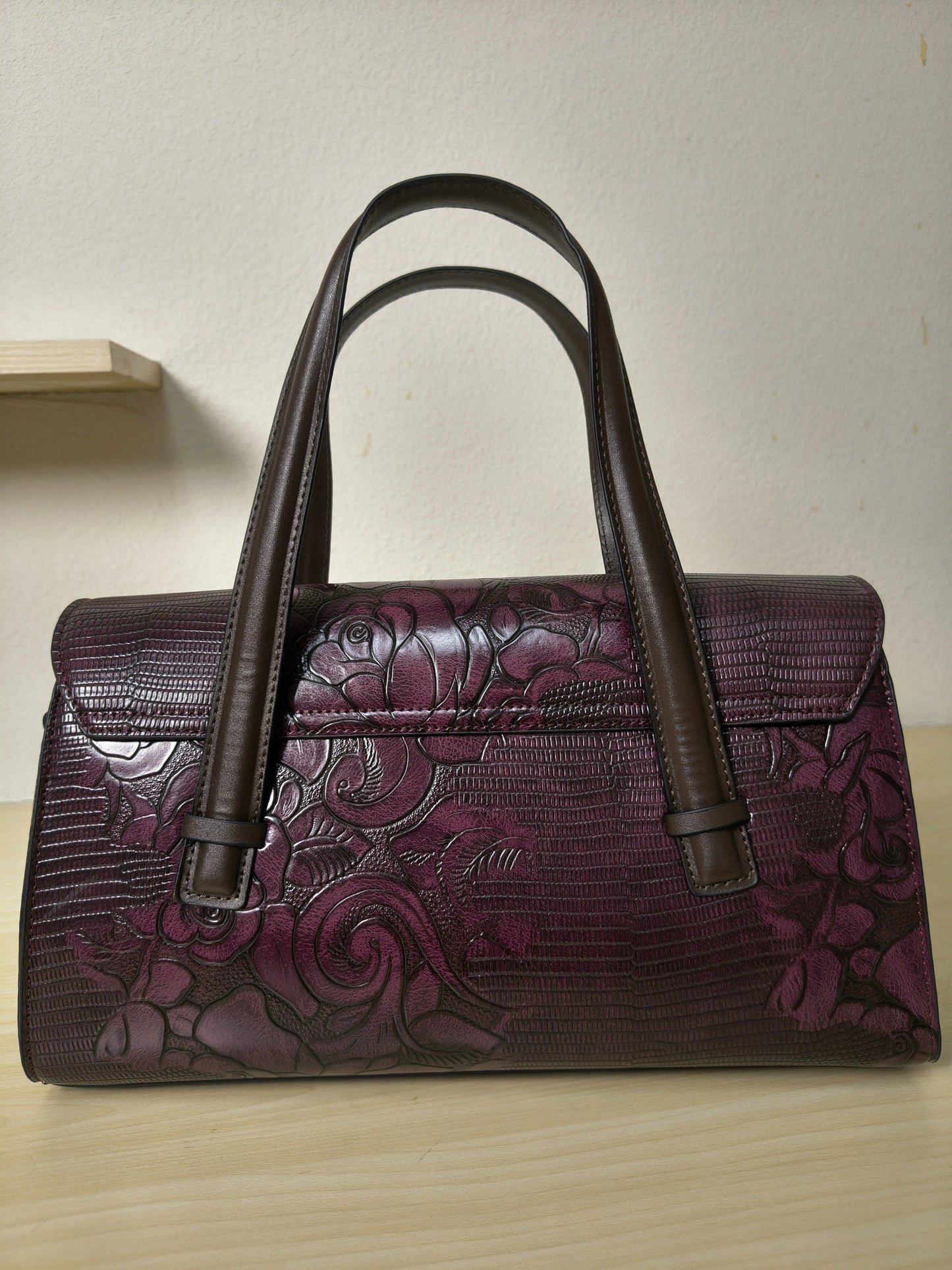 Red Lizard Embossed Rose Floral Boston Bag (E80)