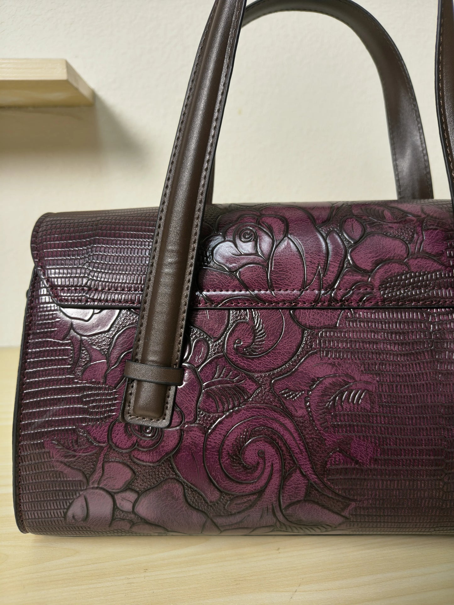 Red Lizard Embossed Rose Floral Boston Bag (E80)