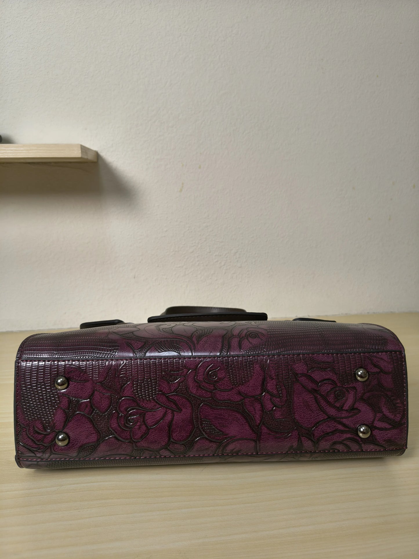 Red Lizard Embossed Rose Floral Boston Bag (E80)