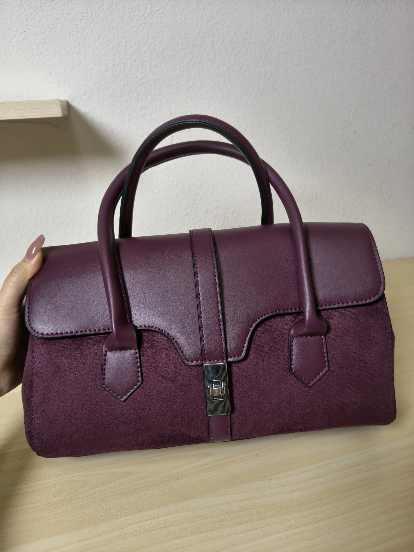 Burgundy Leather & Suede Structured Satchel Bag (E81)