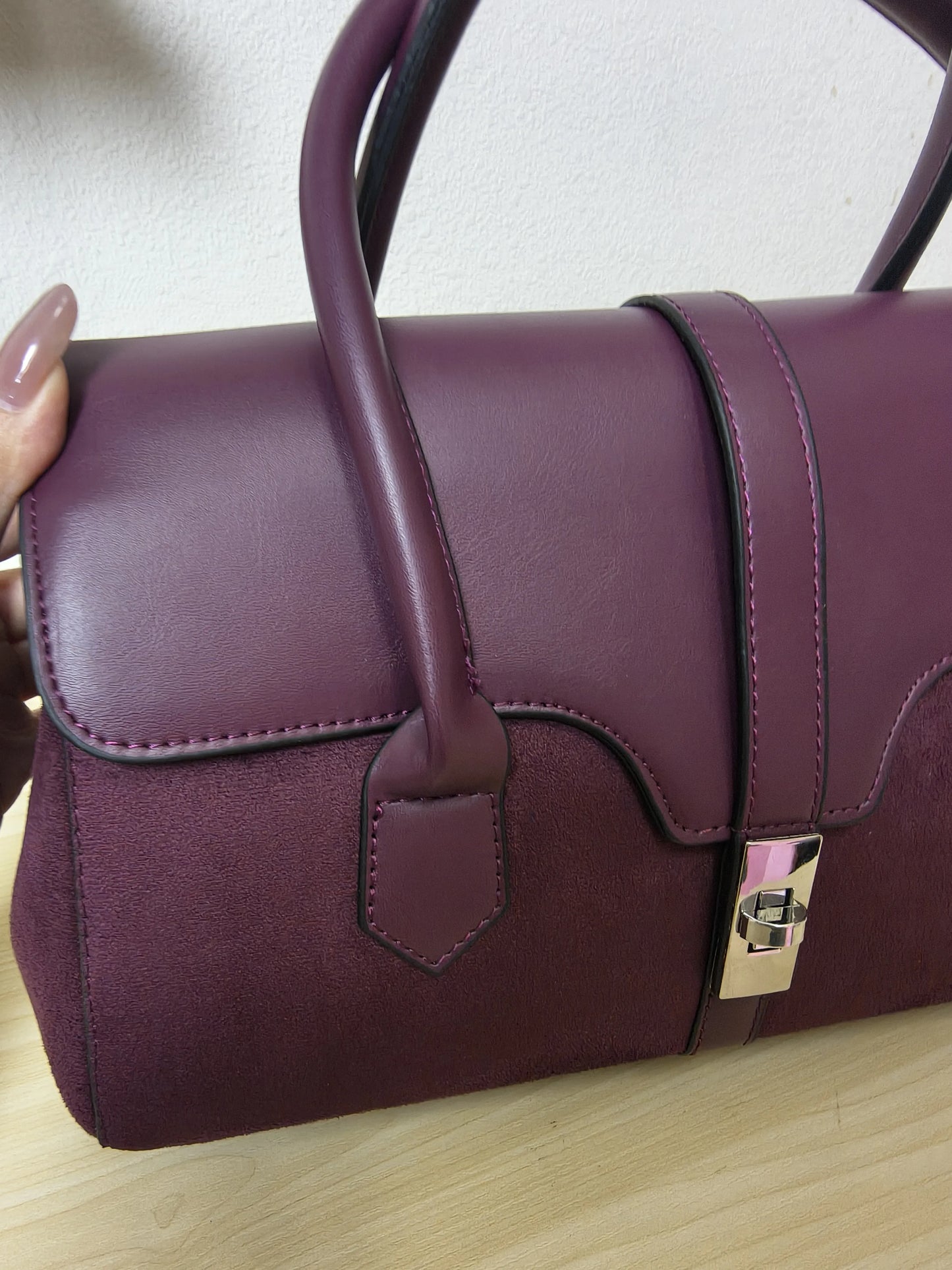 Burgundy Leather & Suede Structured Satchel Bag (E81)