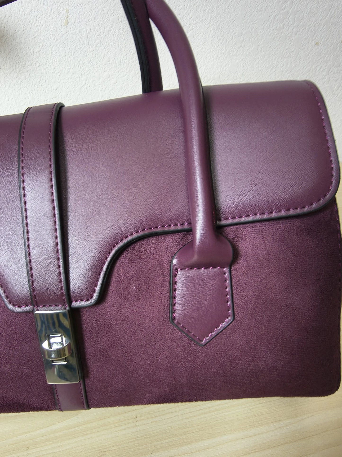 Burgundy Leather & Suede Structured Satchel Bag (E81)