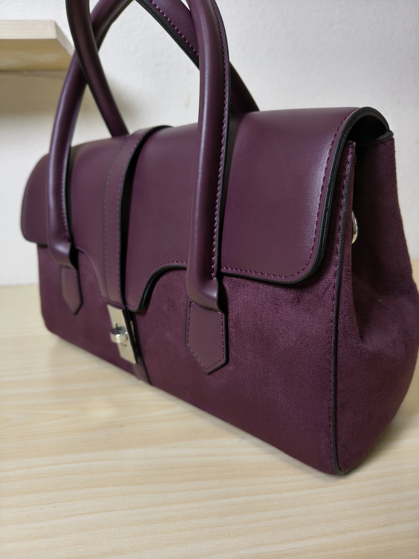 Burgundy Leather & Suede Structured Satchel Bag (E81)