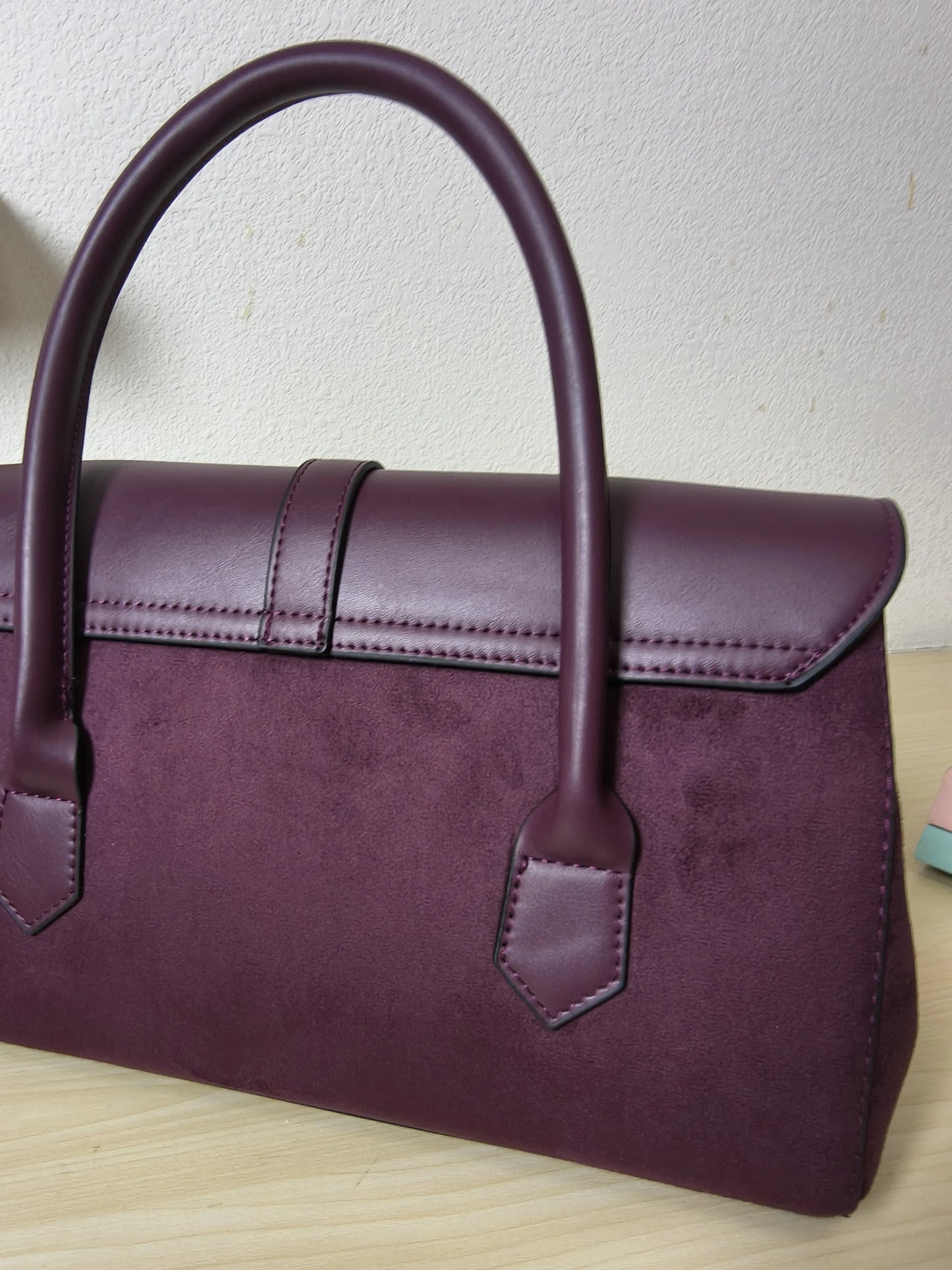 Burgundy Leather & Suede Structured Satchel Bag (E81)