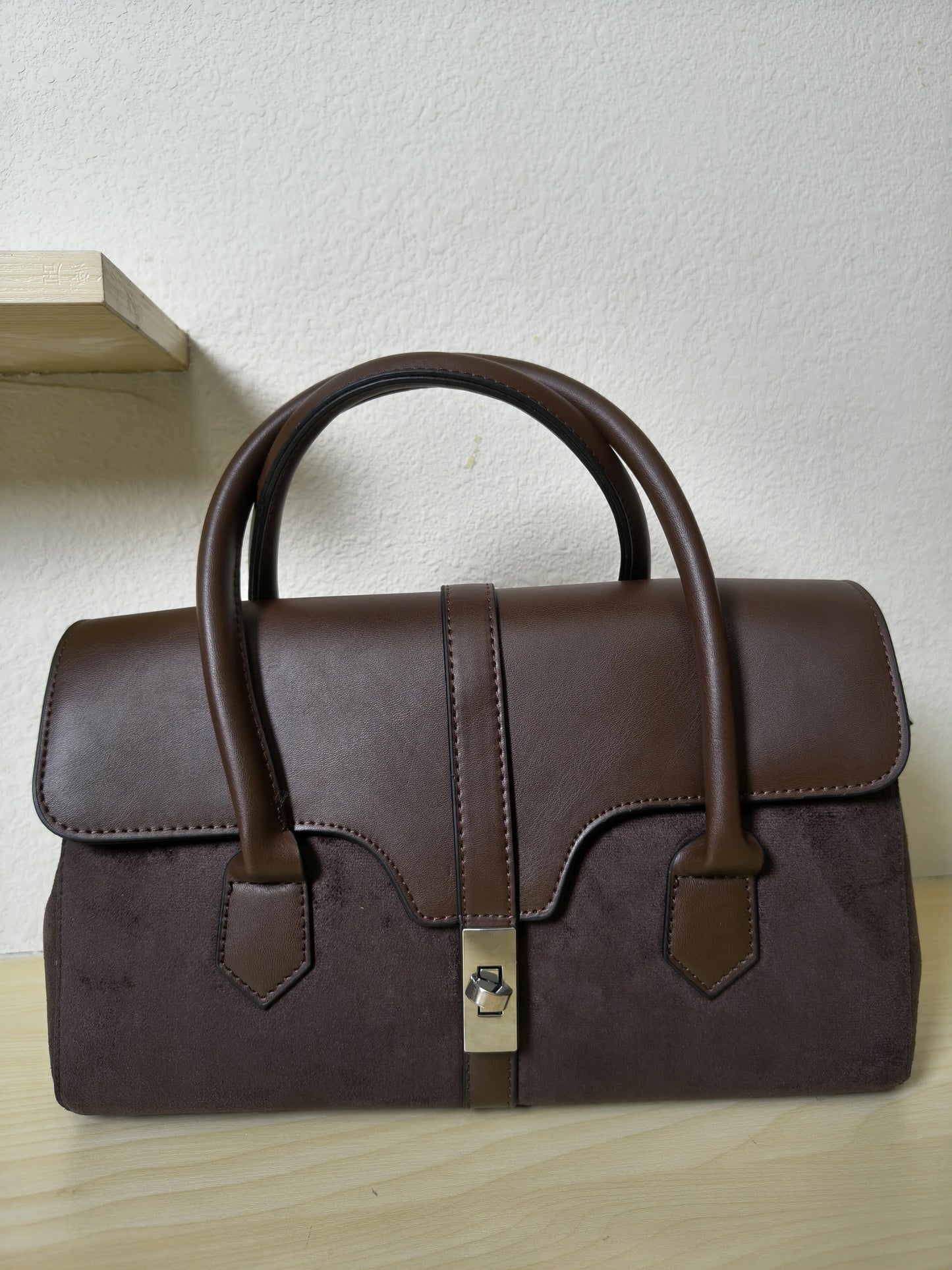 Mocha Glossy Leather & Suede Structured Satchel Bag (E82)