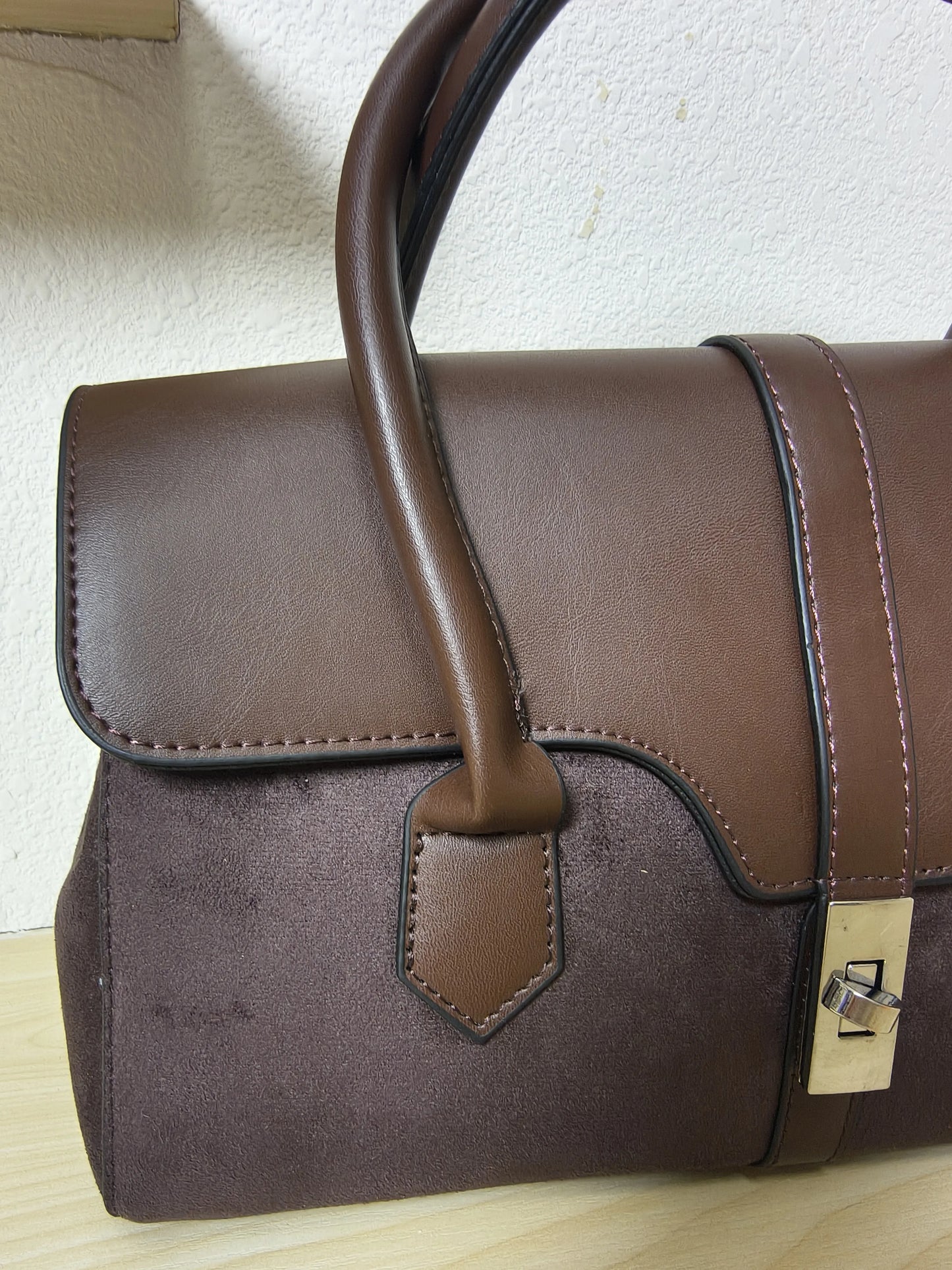 Mocha Glossy Leather & Suede Structured Satchel Bag (E82)