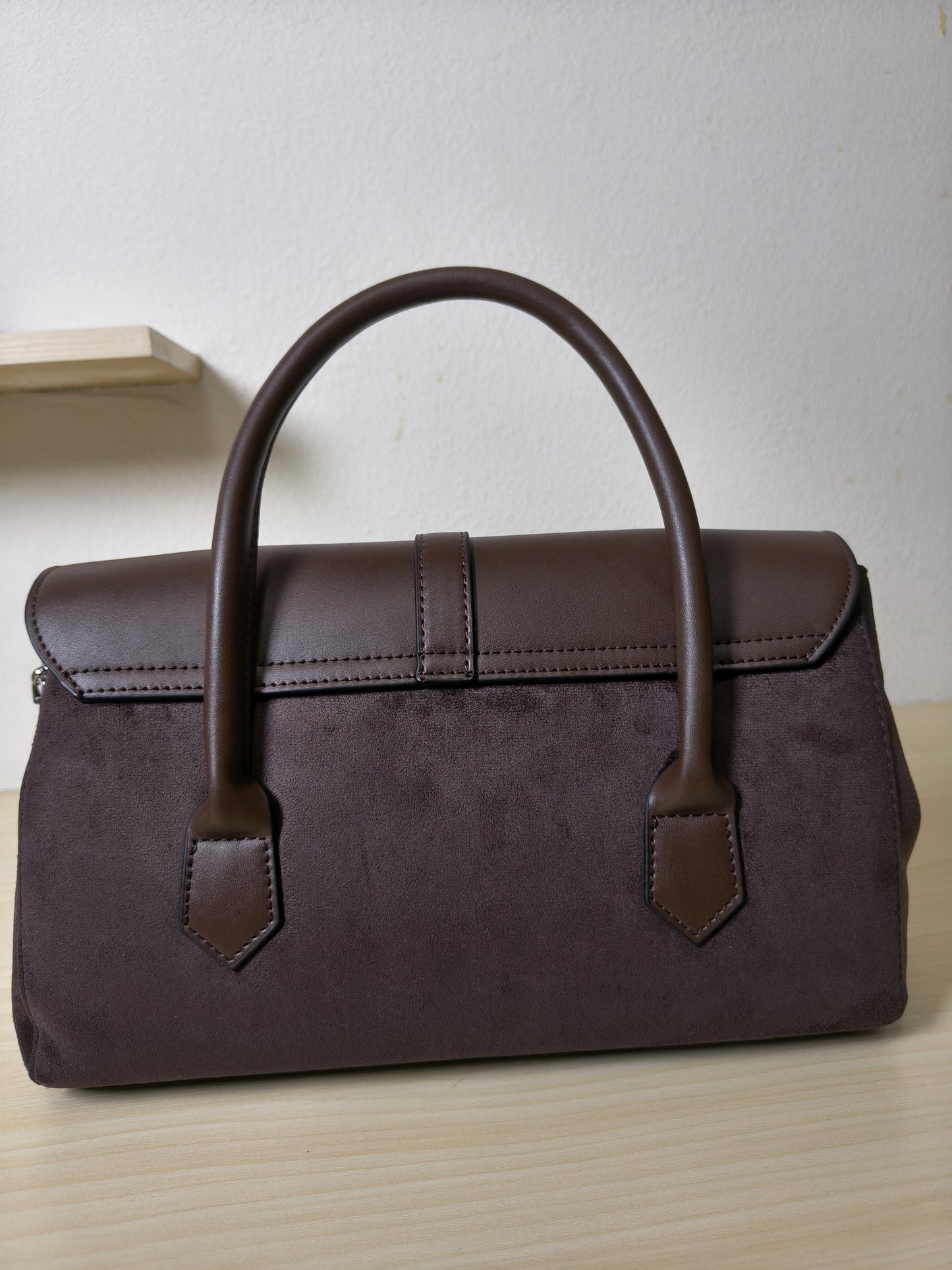 Mocha Glossy Leather & Suede Structured Satchel Bag (E82)