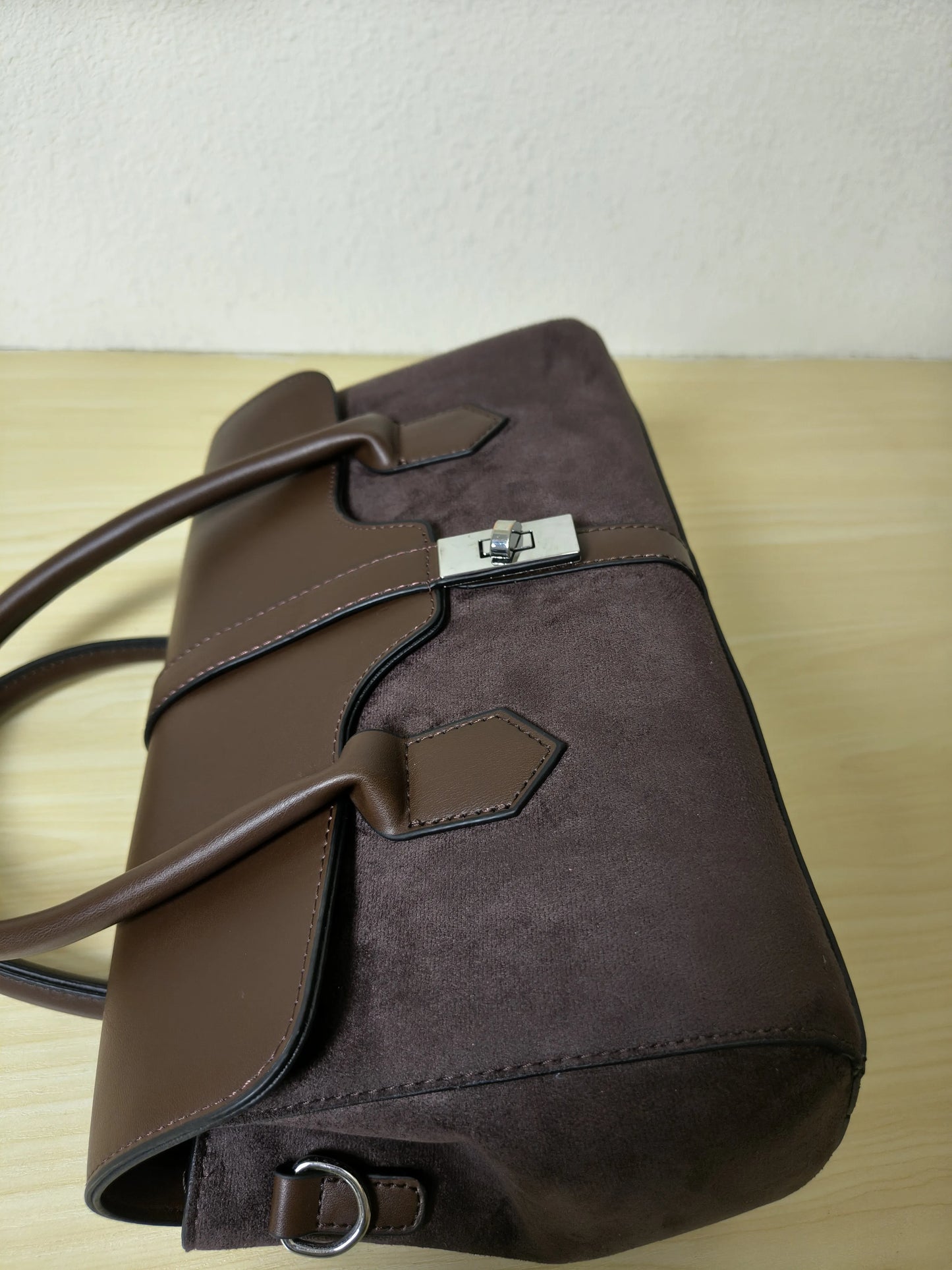 Mocha Glossy Leather & Suede Structured Satchel Bag (E82)