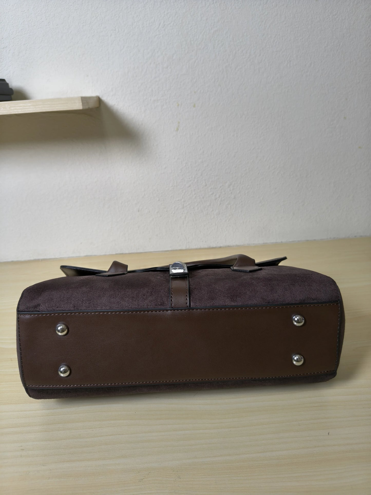 Mocha Glossy Leather & Suede Structured Satchel Bag (E82)