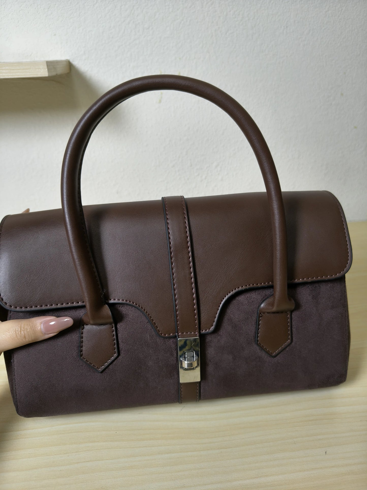 Mocha Glossy Leather & Suede Structured Satchel Bag (E82)