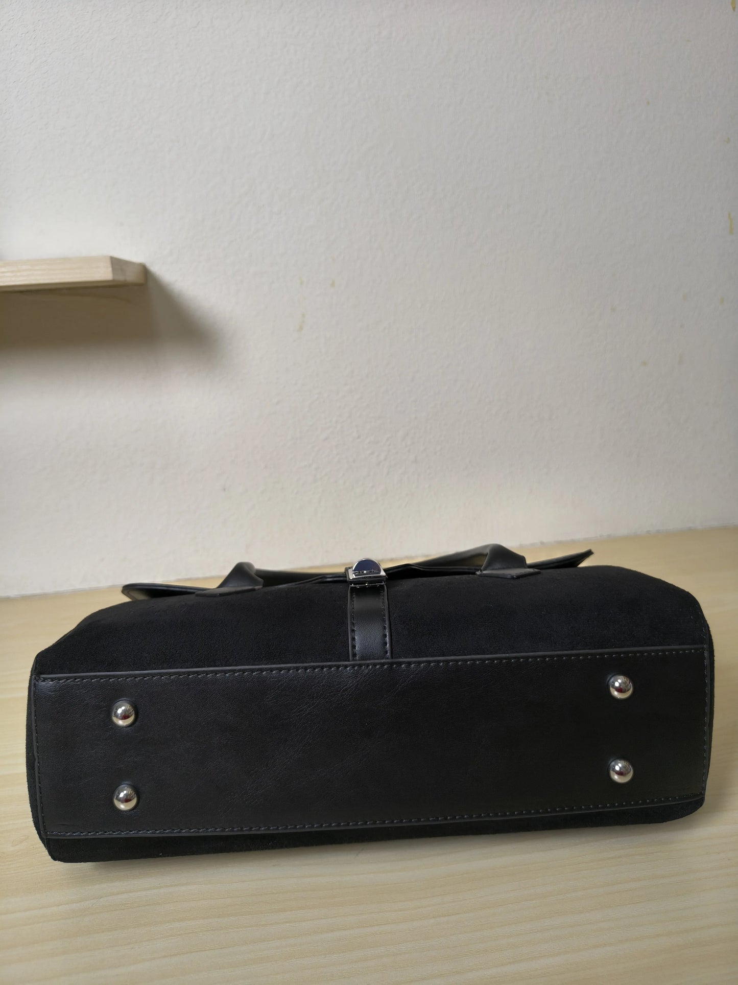 Black Glossy Leather & Suede Structured Satchel Bag (E83)