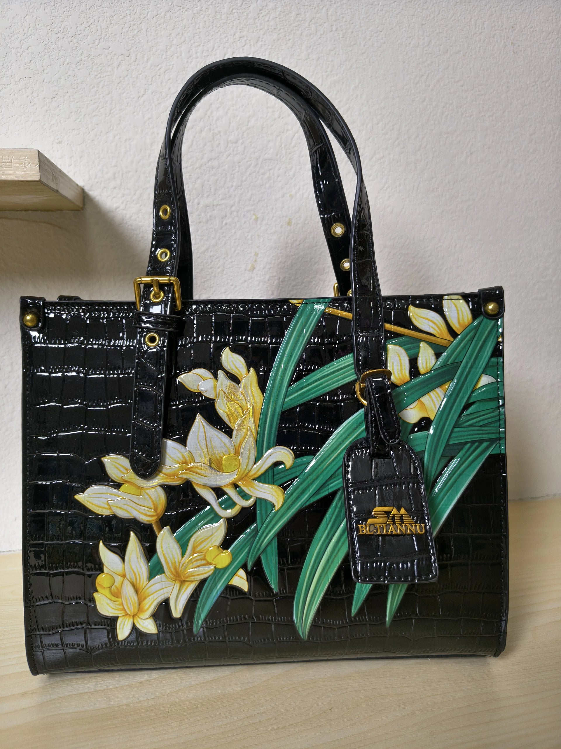Black Crocodile Embossed Foam Print Golden Orchid Structured Bag