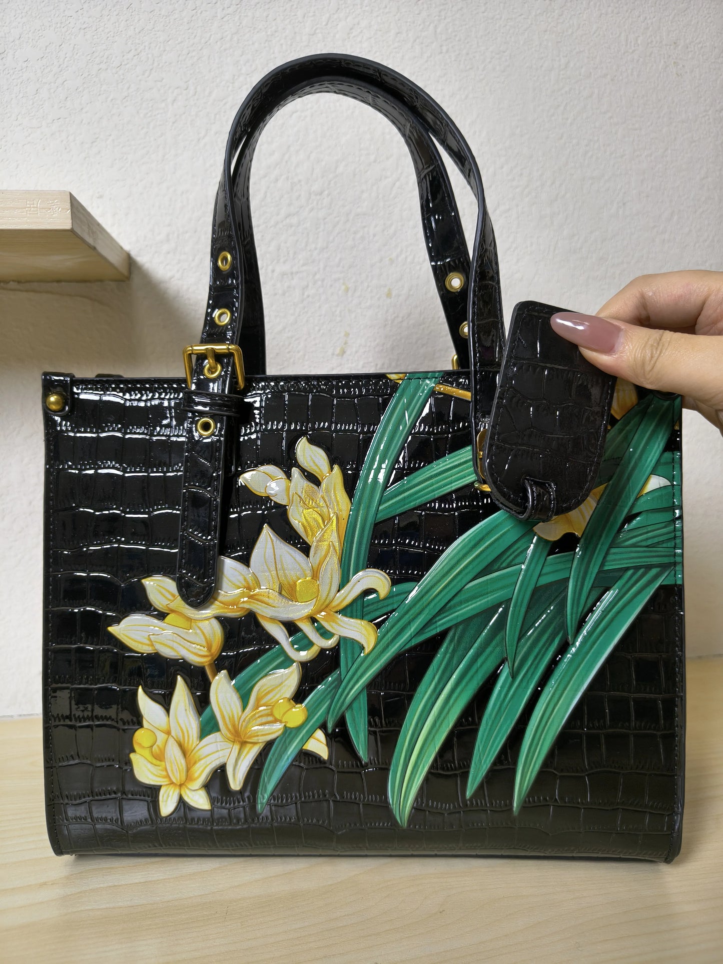 Black Crocodile Embossed Foam Print Golden Orchid Structured Bag (E85)