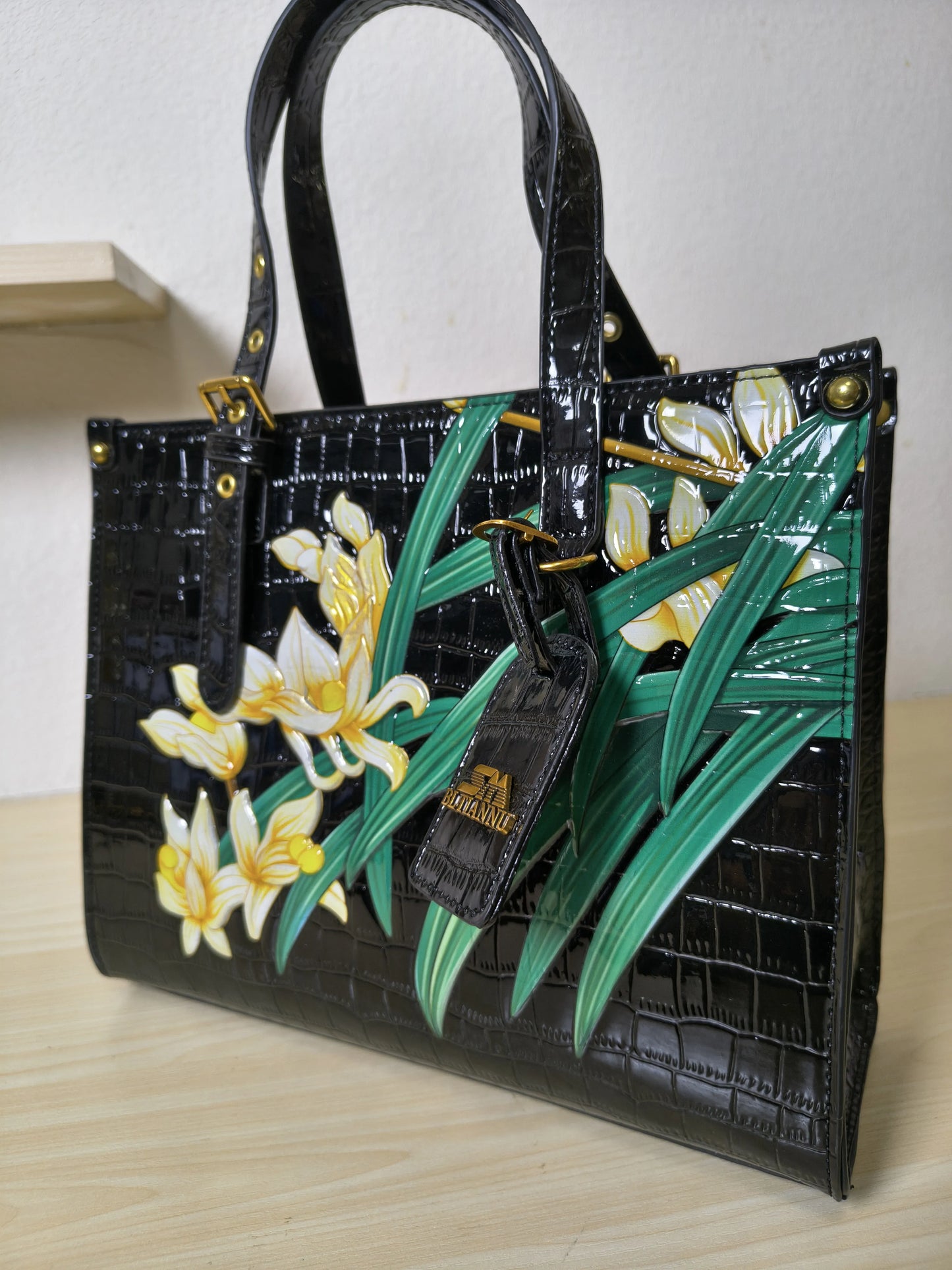 Black Crocodile Embossed Foam Print Golden Orchid Structured Bag (E85)