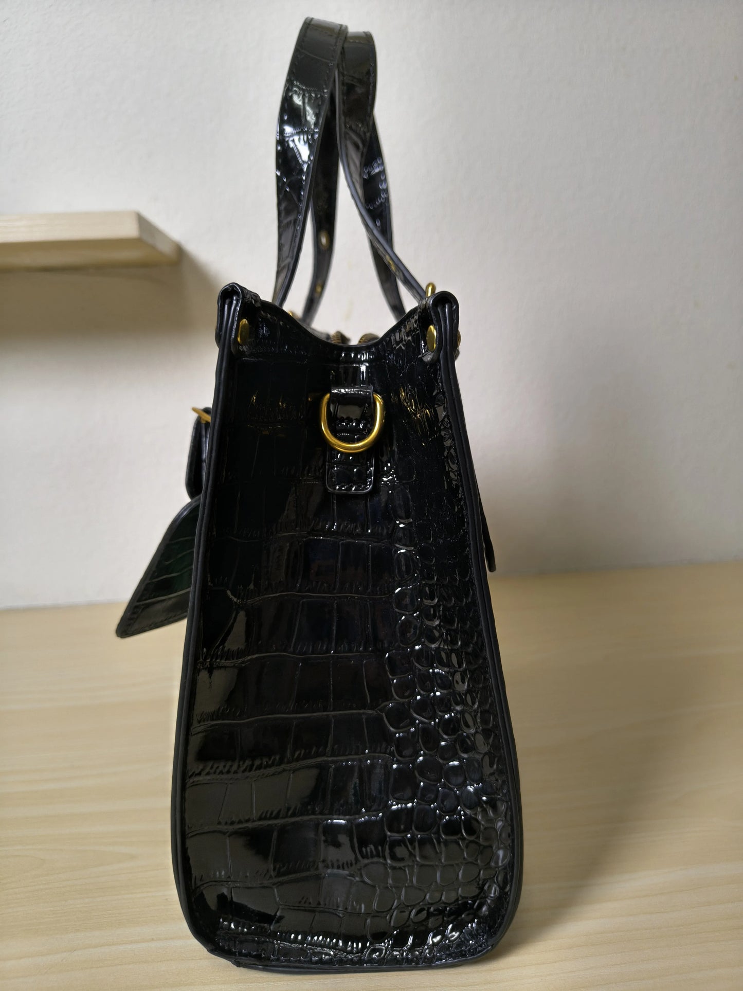 Black Crocodile Embossed Foam Print Golden Orchid Structured Bag (E85)