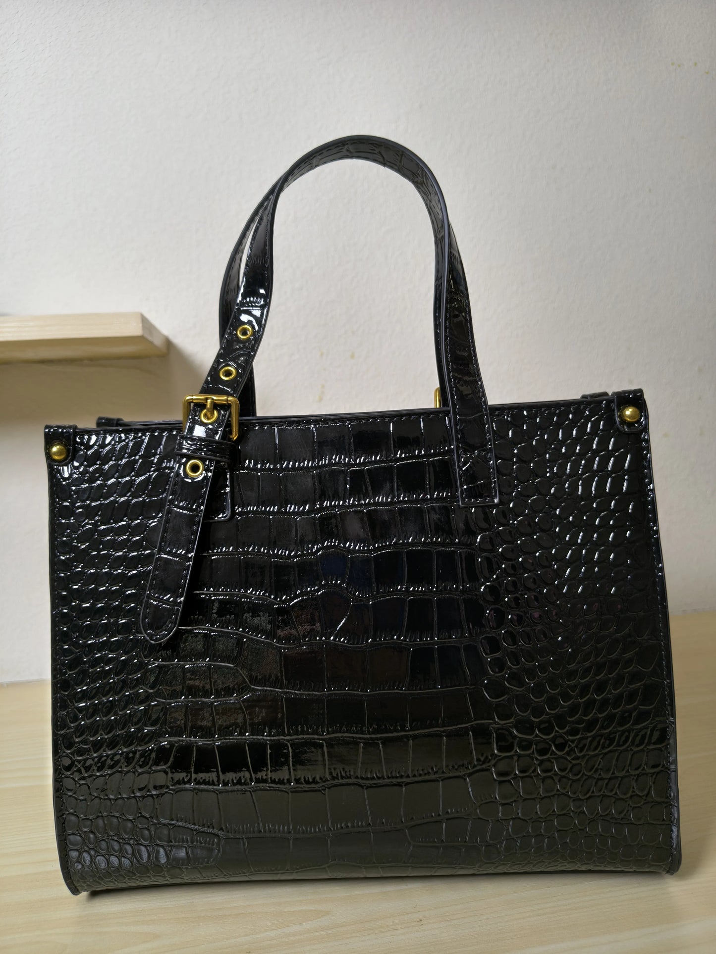 Black Crocodile Embossed Foam Print Golden Orchid Structured Bag (E85)