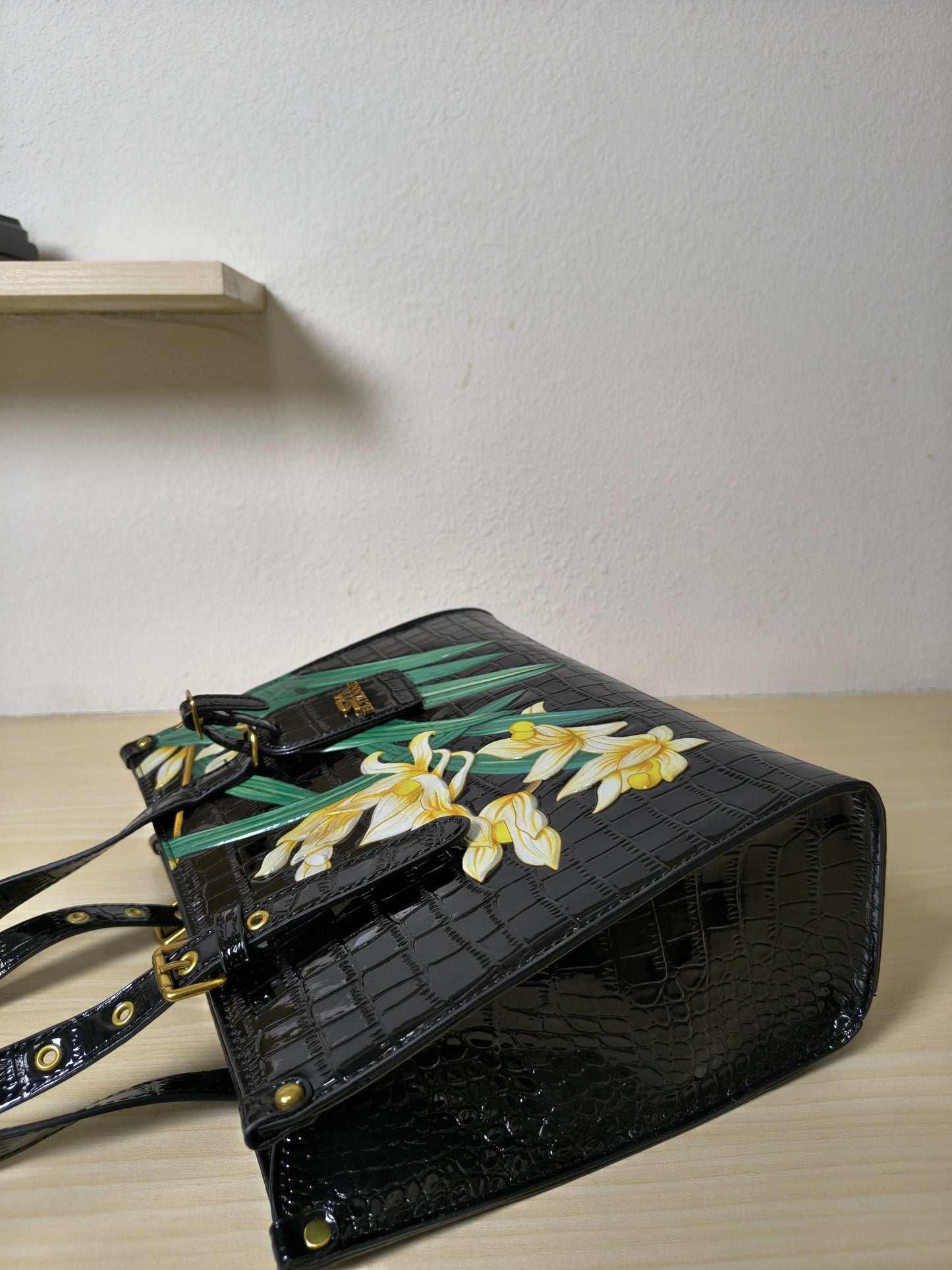 Black Crocodile Embossed Foam Print Golden Orchid Structured Bag (E85)