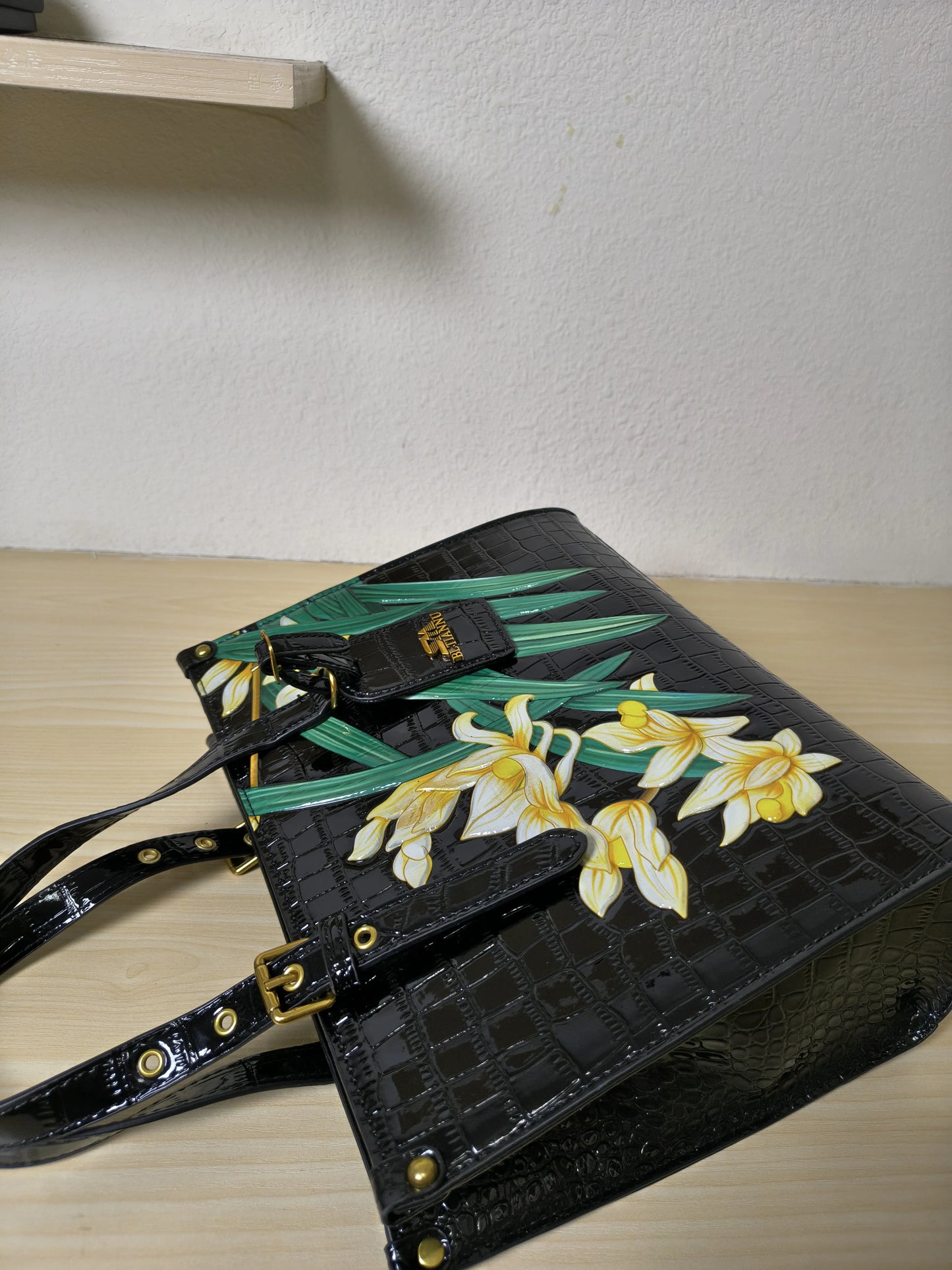 Black Crocodile Embossed Foam Print Golden Orchid Structured Bag (E85)