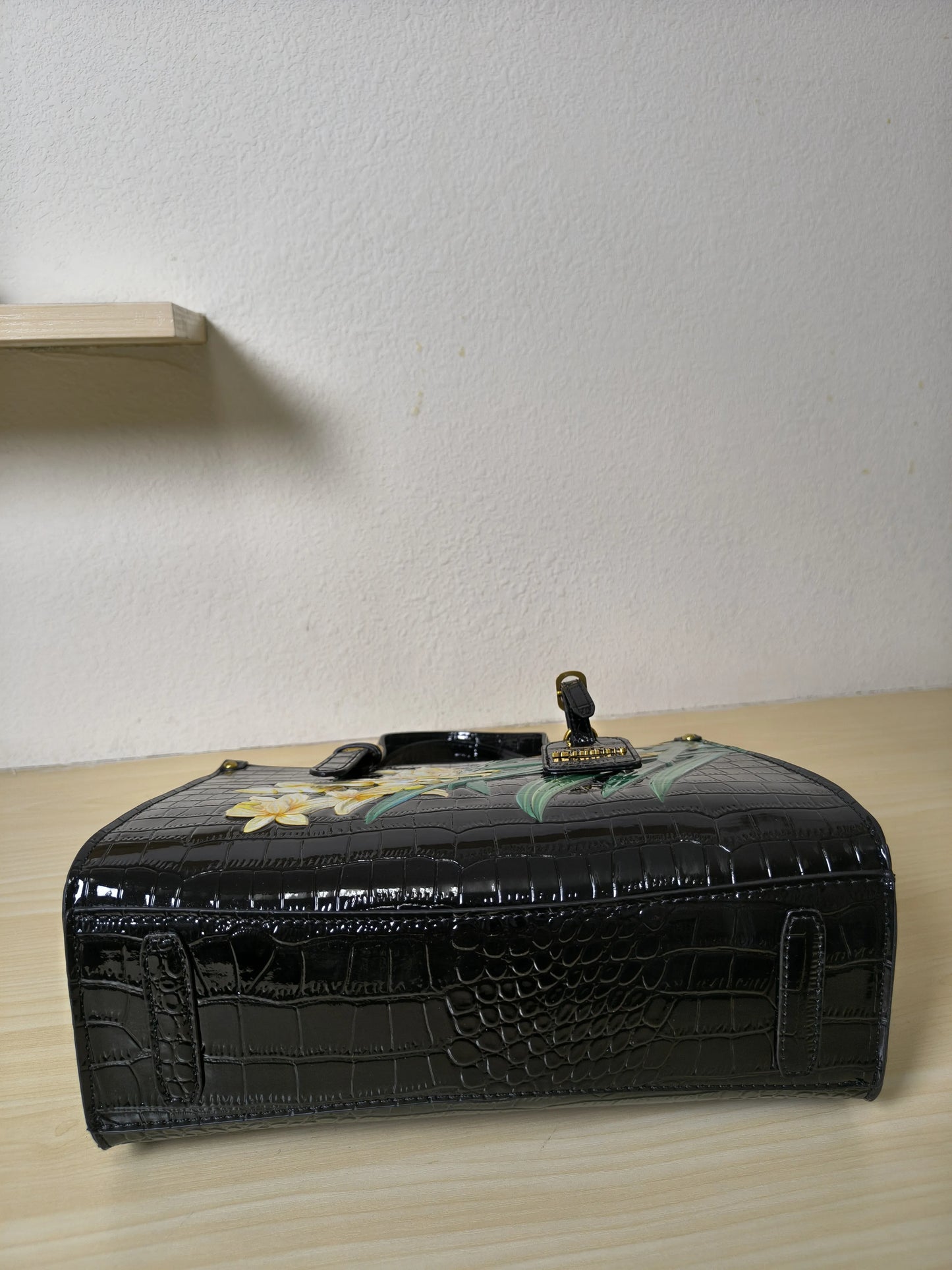 Black Crocodile Embossed Foam Print Golden Orchid Structured Bag (E85)