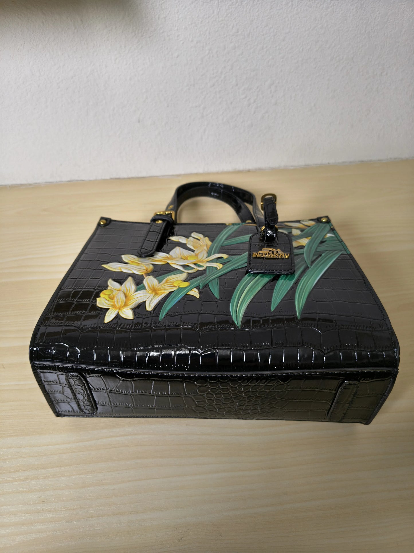 Black Crocodile Embossed Foam Print Golden Orchid Structured Bag (E85)