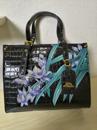 Black Crocodile Embossed Foam Print Purple Orchid Structured Bag (E86)