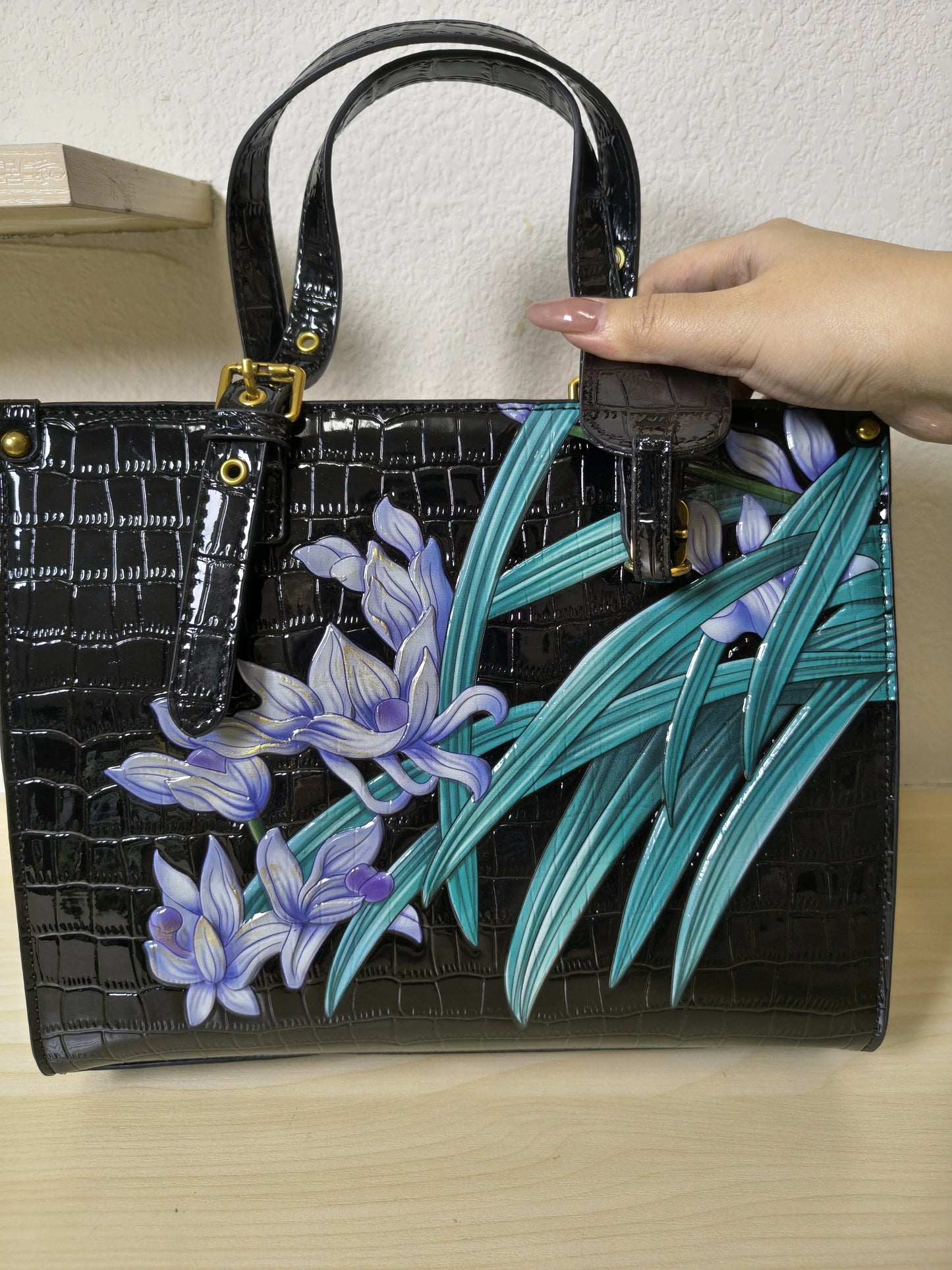 Black Crocodile Embossed Foam Print Purple Orchid Structured Bag (E86)