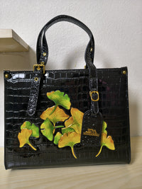 Black Crocodile Embossed Foam Print Yellow-Green Maple Leaf Structured Bag (E87)