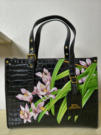 Black Crocodile Embossed Foam Print Pink-Purple Orchid Structured Bag (E88)